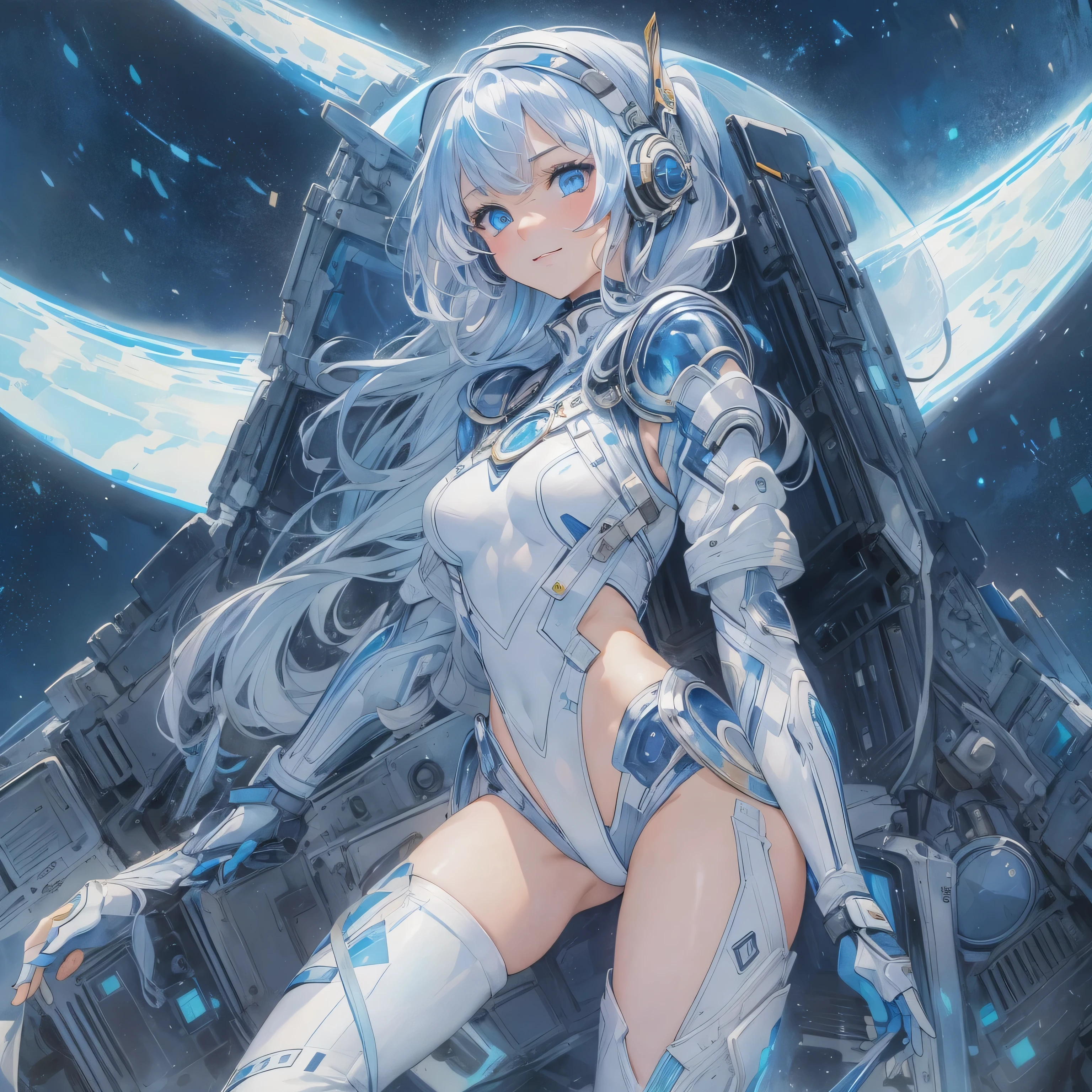 Slender beautiful girl、(White and blue futuristic space station background):1.2、Tight-fitting bodysuits of the near future、hight resolution、top-quality、The ultra-detailliert、Fine details、Does not blush cheeks、knee high、Undersized breasts、shorth hair、head phone