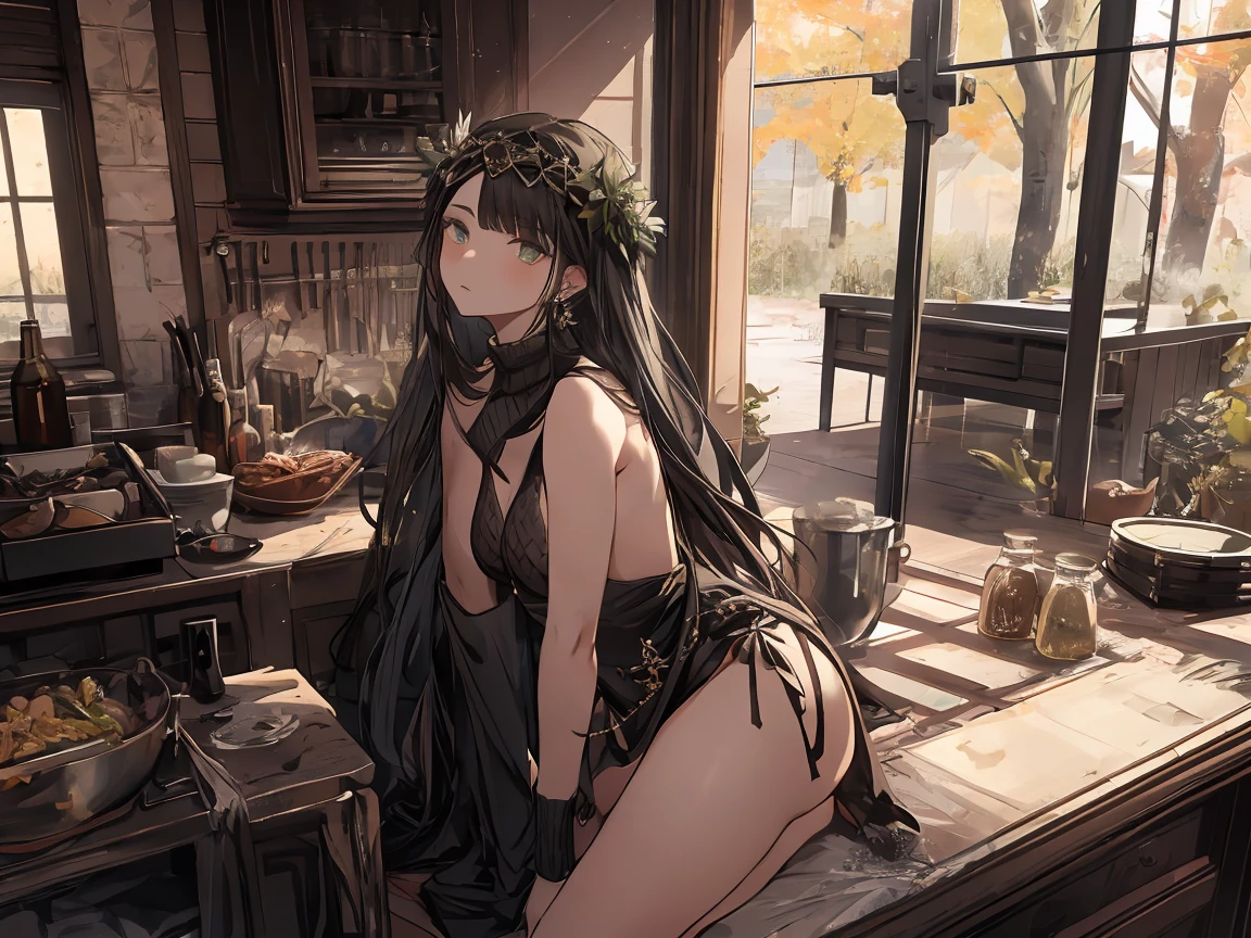 (small breasts:1.3), (perky chest:1.1), (pointed chest:1.0), (fashion magazine cover:1.3),(from below:1.0),(from side:0.9),masterpiece, 1girl, Amazing Cleavage:1.1, thin waist, big ass, Raised sexy, small breast: 1.3, posed cleavage:1.2、solo, looking at viewer, open mouth, have a cute grass of cute beergrass,black hair, dark green eyes, dress, bare shoulders, jewelry, collarbone, sidelocks, hairband, earrings, indoors, off shoulder, :o, sweater, arms behind back, plant, short hair with long locks, gild hairband, off-shoulder dress, sweater dress, off-shoulder sweater, red sweater, dark gord hair, big side hair, very long side hair,is rendered in (masterpiece: 1.2, best quality), with (ultra high resolution) and an exquisite (depth of field). This masterpiece is not only visually stunning but also tells,A scene of cooking in the kitchen by classroom