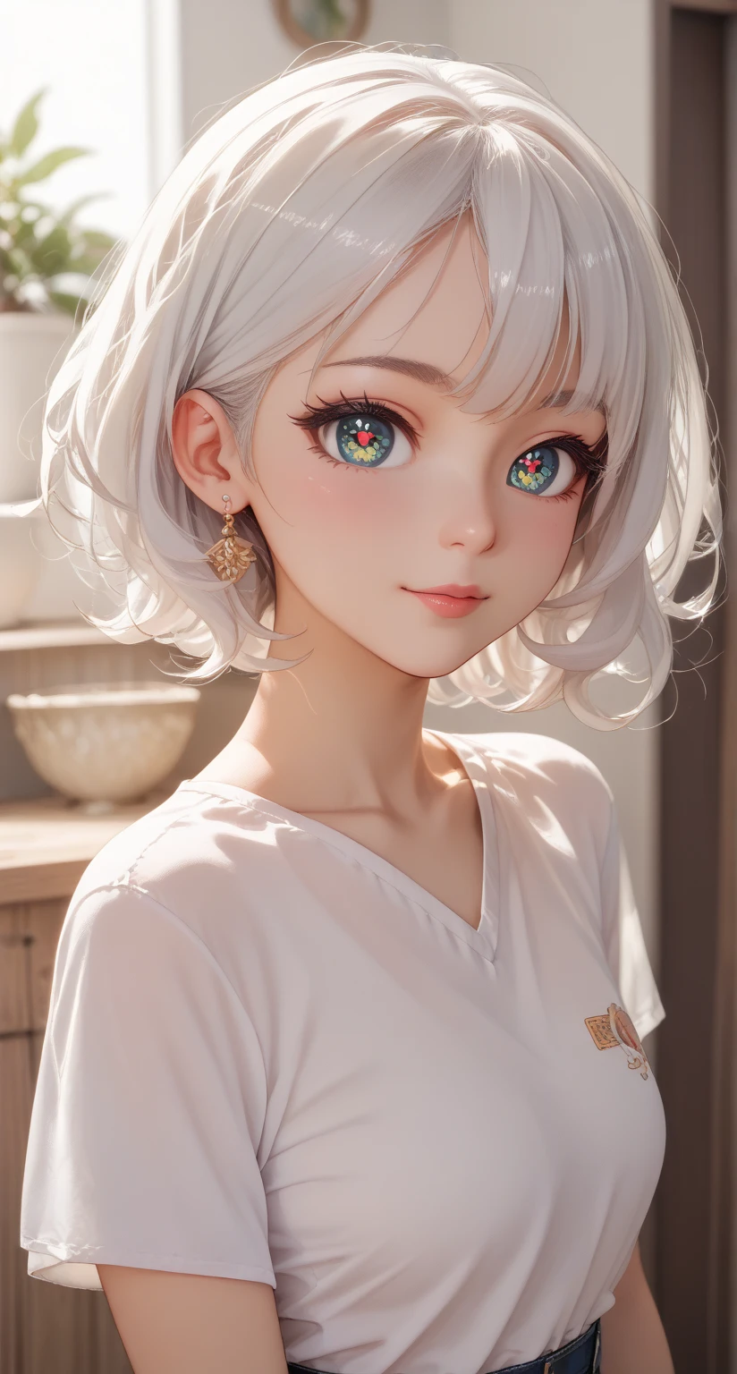 The whole body is reflected、Standing picture、oblique 、 one girl、 white hair、  big doll eyes and eyelashes 、cute little、long、​masterpiece、 high quality、 High image quality