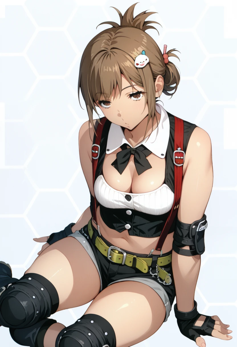 score_9,score_8_up,score_7_up,source_anime, watanabe wataru, 1girl, folded ponytail, brown hair, hair ornament, black shirt collar, white crop top, cleavage, sleeveless, midriff, suspenders, elbow pads, belt, short shorts, fingerless gloves, knee pads, boots