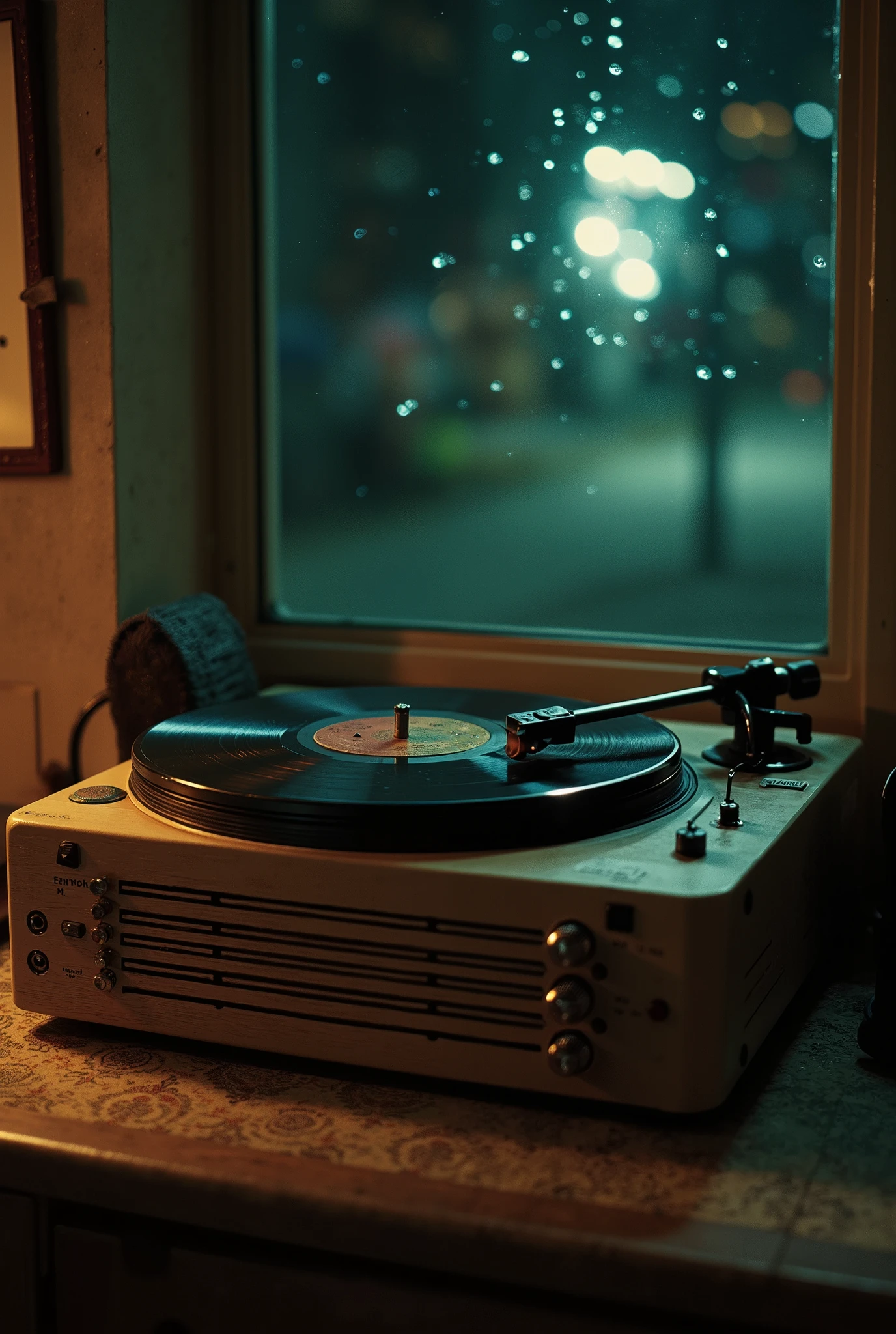 product photography, scenery, no human, photo of a vintage record player, indoor, light from window, raindrops on window, wong kar-wai movie style