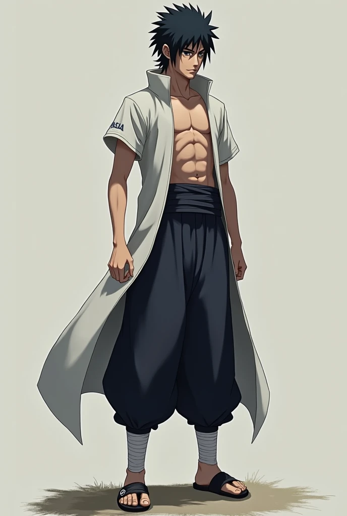 Gojo satoru from the anime jujutsu kaisen. He is naked and his muscular body is showing and his bare feet and the soles of his feet showing in the camera