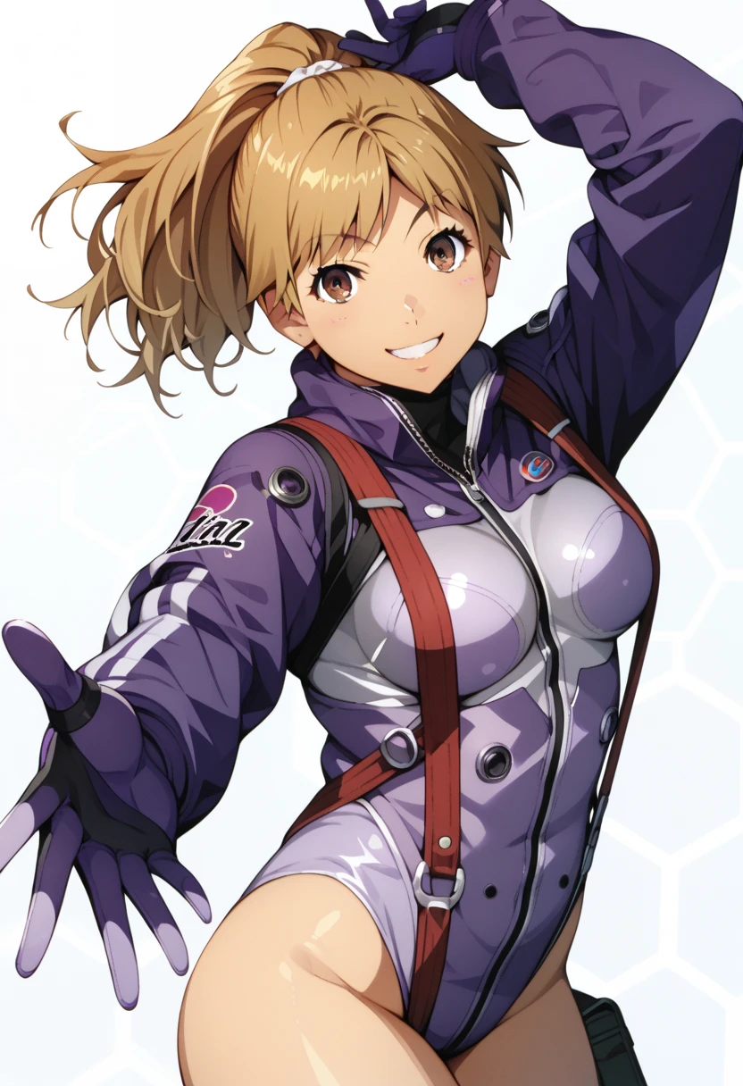 score_9,score_8_up,score_7_up,source_anime, watanabe wataru, 1girl, smile, looking at viewer, leotard, high ponytail, (purple long sleeves:1.2), pilot suit, suspenders, dynamic pose