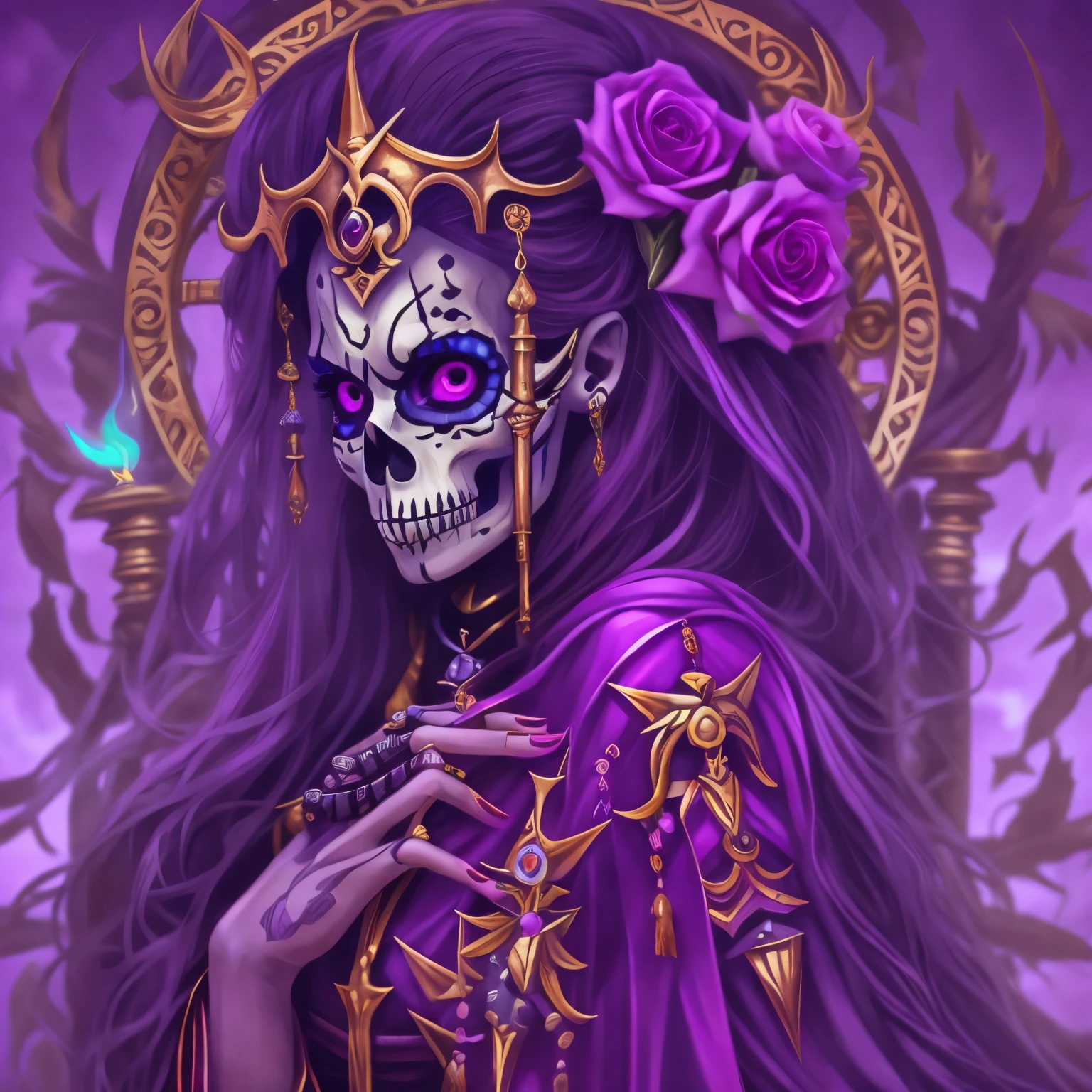 a digital painting of a woman with a skull face and a bright purple cloak, Assustadora Queen of Death cores vibrantes, Saint Skeleton Rainha, Goddess of death, close-up portrait goddess skull, Queen of Death, anime skull portrait woman, Dark glowing digital art, but more detailed, Beautiful elegant demon queen, Beautiful Necromancer, Tarot card goddess of death, 8k high quality detailed artwork with striking colors