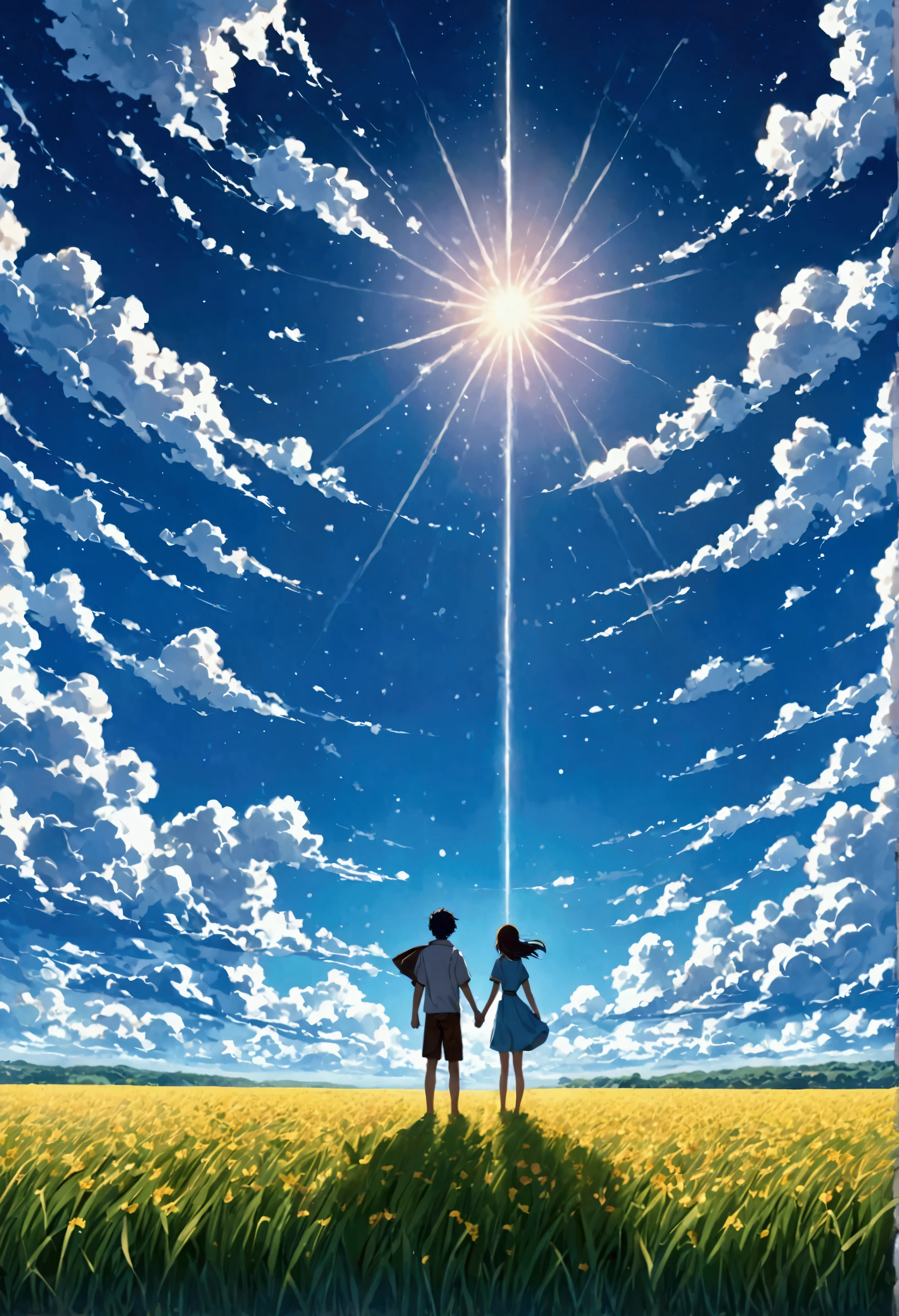 Anime scene of two people standing in a field with a star in the sky ...
