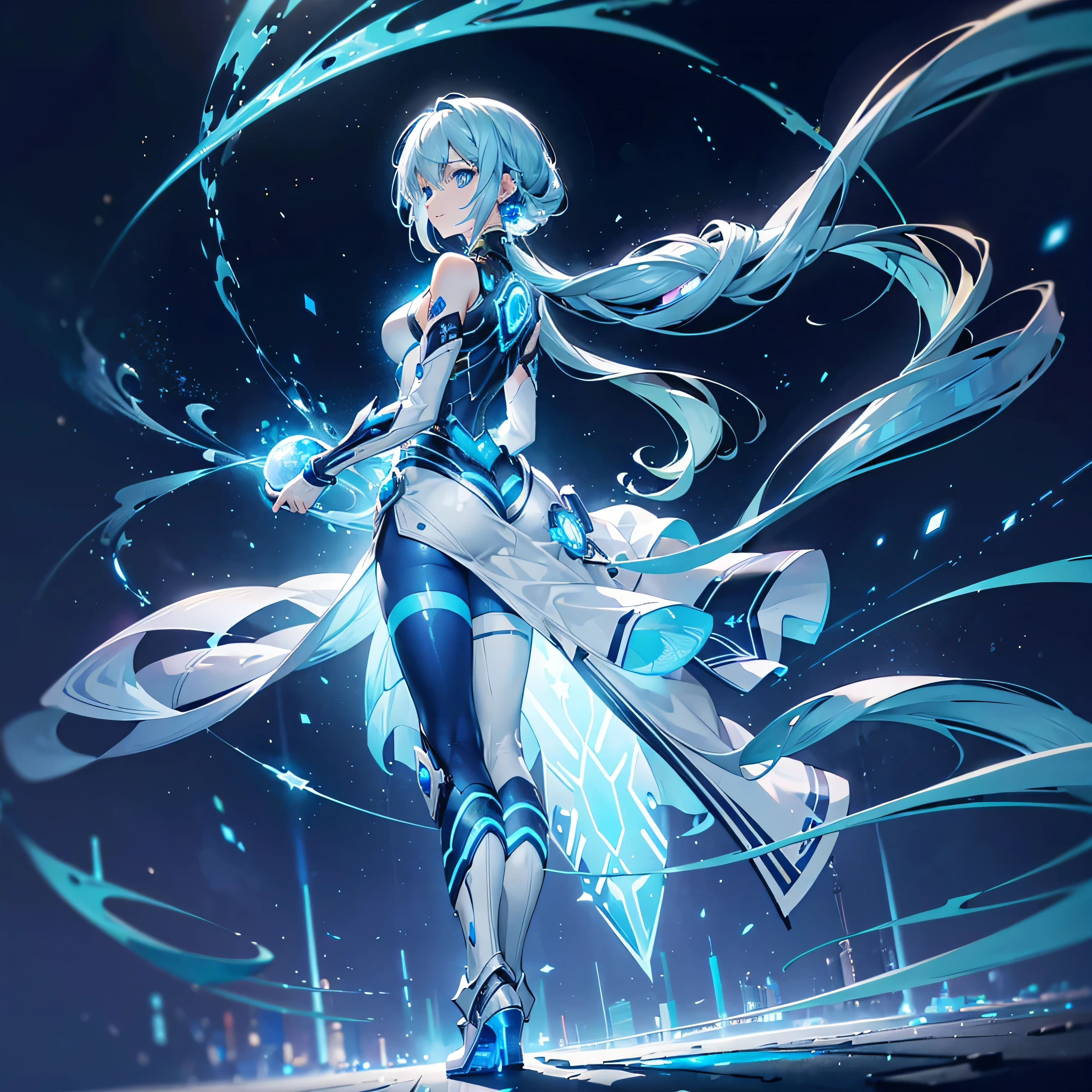 Anime girl with long white hair and blue dress holding a sword - SeaArt AI