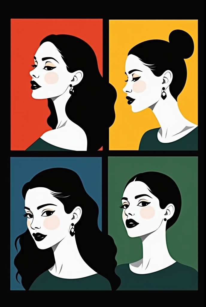 ２Ｄ illustration artwork ,  like a cosmetics advertisement , 4woman,  4 women are composed only of white and black, Female A has a red background ,  Female B's background is yellow ,  Female C's background is blue ,  Female D's background is green ,  black background\whole