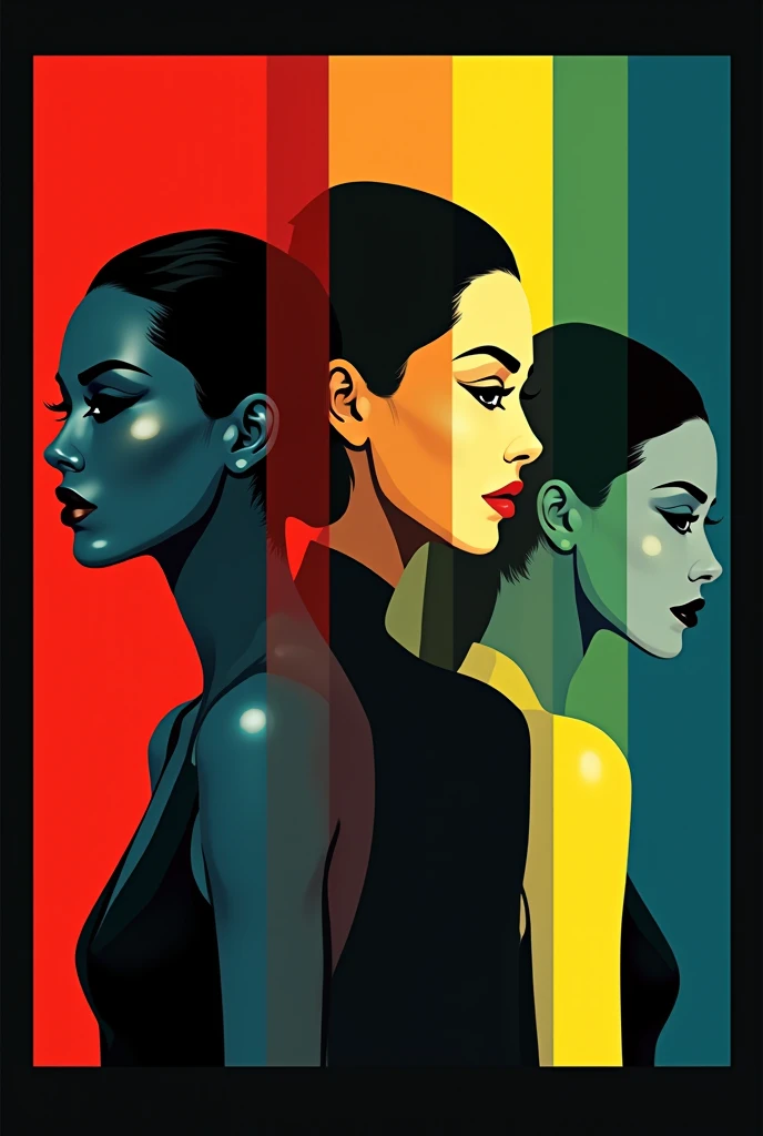 ２Ｄ illustration artwork ,  like a cosmetics advertisement , 4woman,  4 women are composed only of white and black, Female A has a red background ,  Female B's background is yellow ,  Female C's background is blue ,  Female D's background is green ,  black background\whole