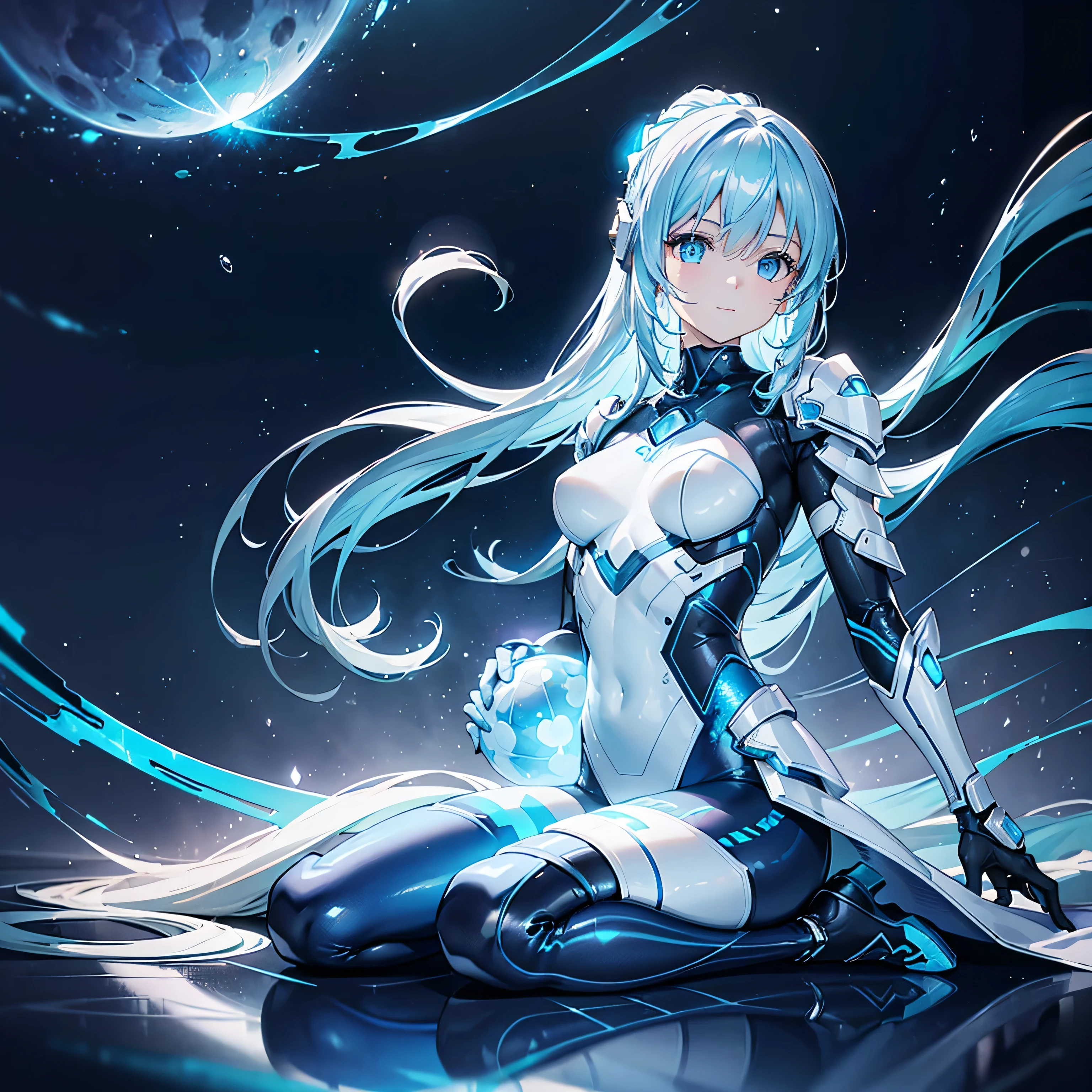 8k, highest quality, (real:1.4), Original photo, 1 girl, Asari Hair, Biological Amplifier, refined armor, posture: Peace talks between warring factions,attention arousal, smart blue eyes,Blue big moon and blue light swirl in the background,Blue halo,