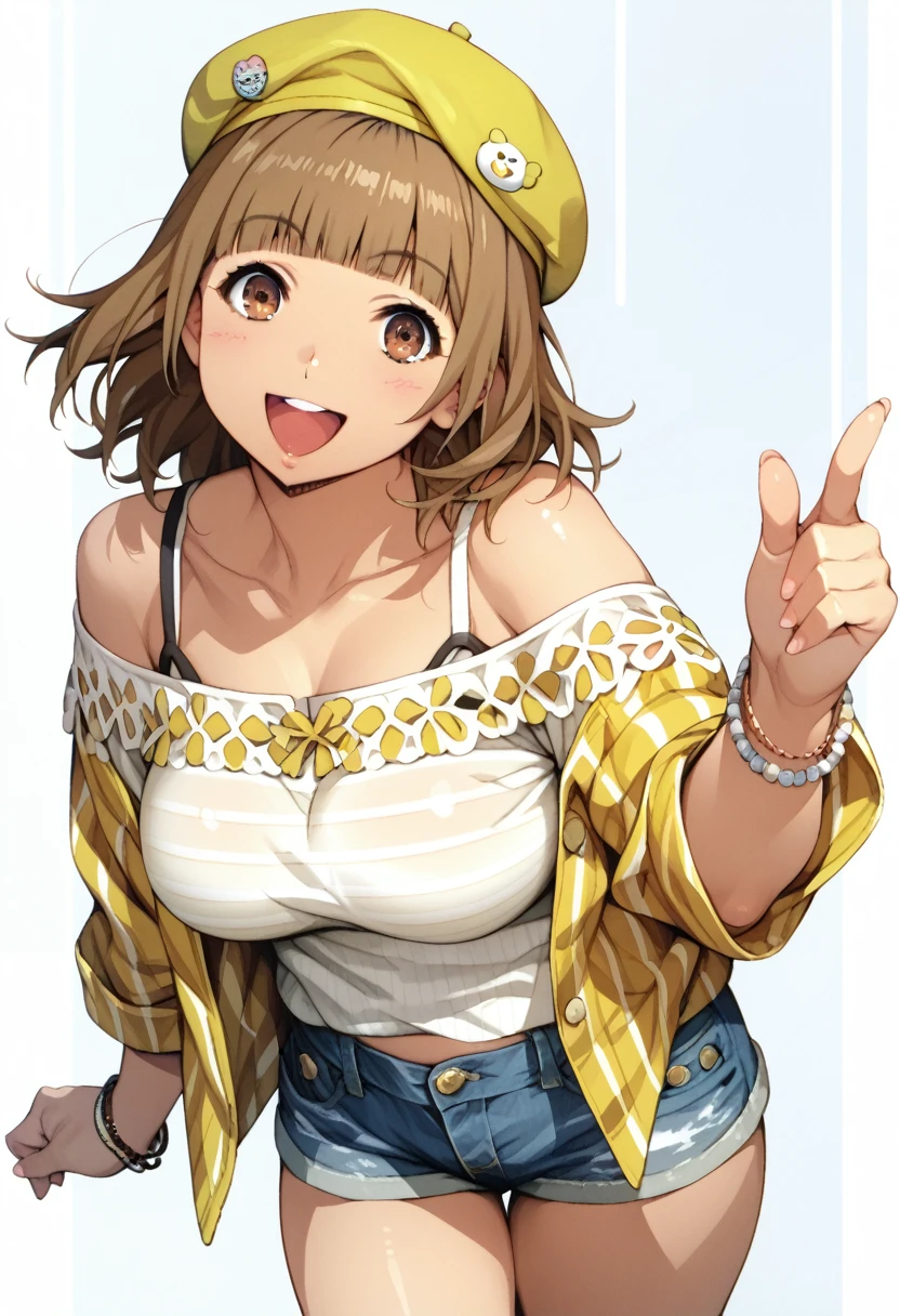 score_9,score_8_up,score_7_up,source_anime, watanabe wataru, 1girl, yellow beret, bracelet, denim shorts, off shoulder, beige poncho, smile, open mouth, looking at viewer, brown hair, blunt bangs, brown eyes, large breasts, solo,