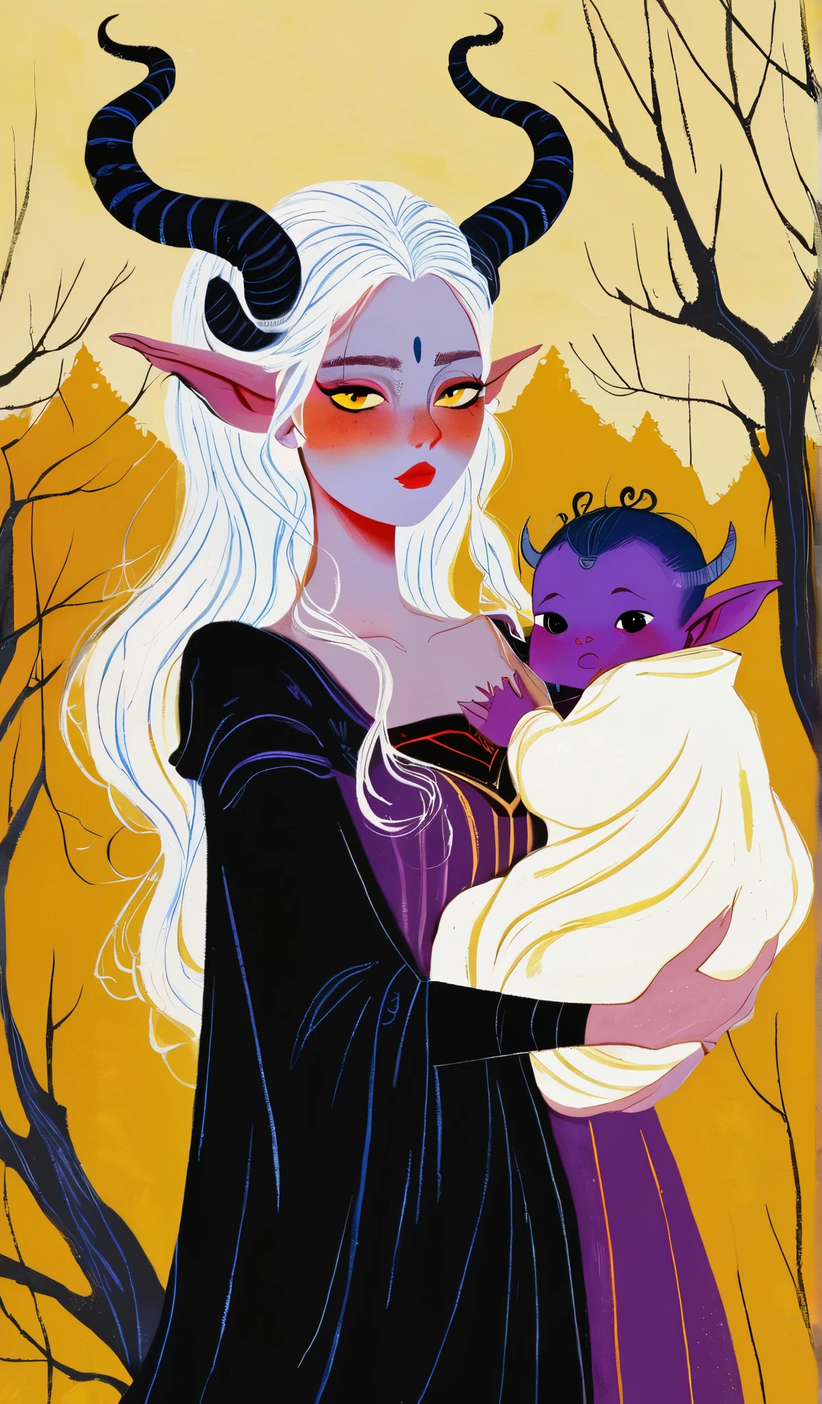 there is a drawing of a woman, tiefling woman, demonic horns, purple skin, full body portrait, standing in a black background with blue trees: 1.5, long straight white hair:1.5, yellow eyes:1.5, vibrant medieval dress, hyper detailed hands, holdind a tiefling baby: 1.5, motherhood, hyper dynamic angle pov, extreme view from above, a digital painting inspired by Will Barnet, by Magalli Villaneneu, tumblr, Digital Art, solo portrait 🎨🖌️, digital similar to Kemono, digital drawing, Digital Art