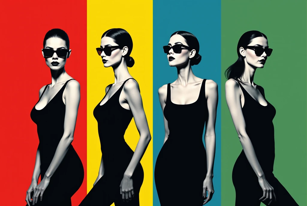 ２Ｄ illustration artwork ,  like a cosmetics advertisement , 4woman,  4 women are composed only of white and black, Female A has a red background ,  Female B's background is yellow ,  Female C's background is blue ,  Female D's background is green , Each of the 4 women is posing in a stylish pose,  black background\whole