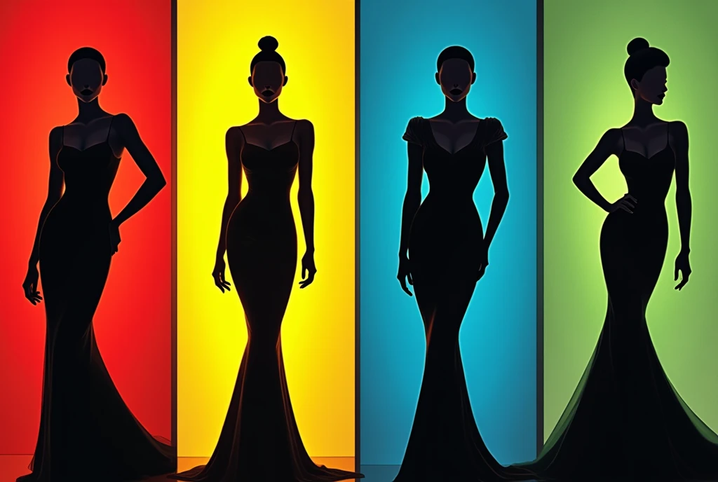 ２Ｄ illustration artwork ,  like a cosmetics advertisement , 4woman,  4 women are composed only of white and black, Female A has a red background ,  Female B's background is yellow ,  Female C's background is blue ,  Female D's background is green , Each of the 4 women is posing in a stylish pose,  black background\whole