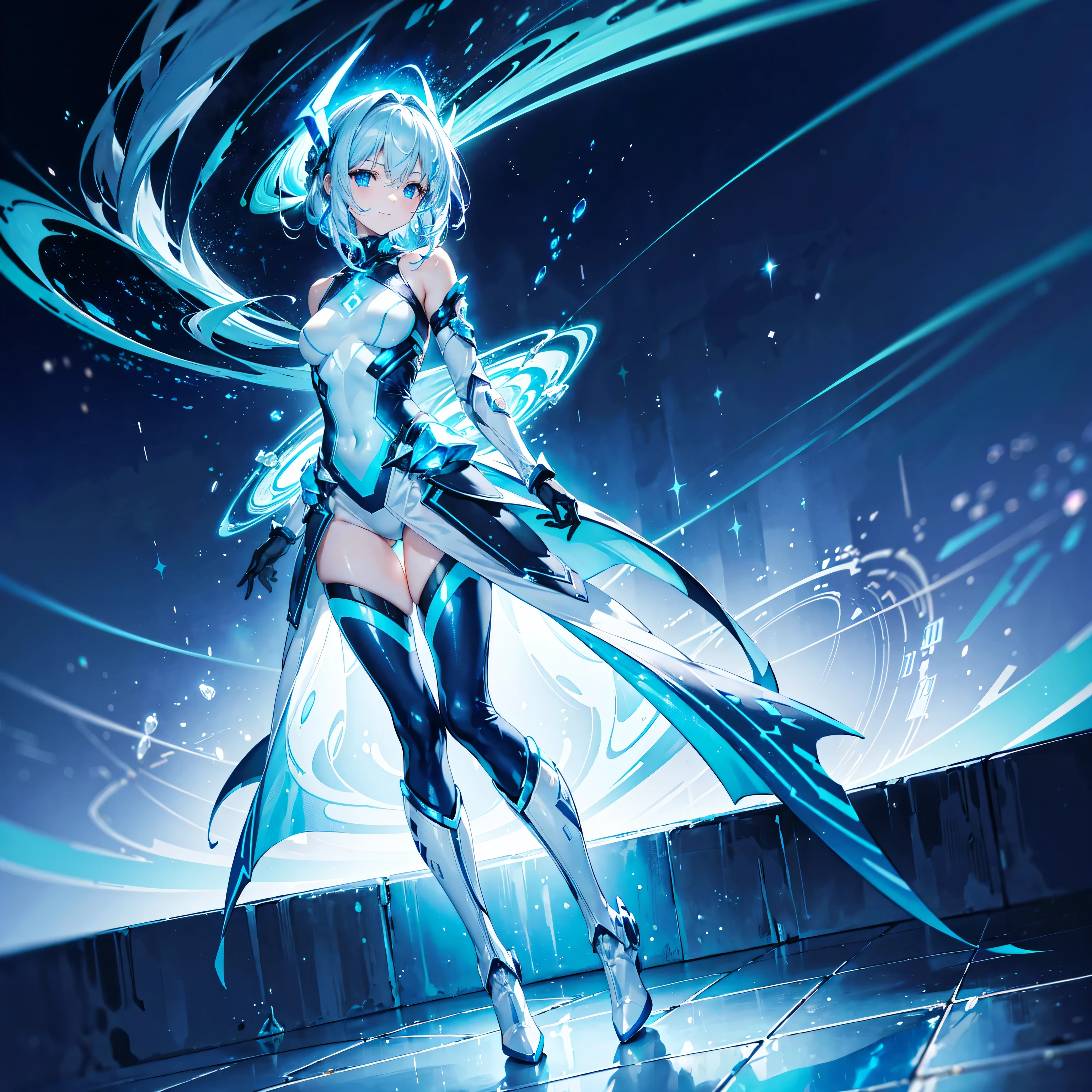 8k, Highest quality, (real:1.4), Original photo, 1 girl, Asari Hair, Biological Amplifier, Very sleek and futuristic armor, posture: Peace talks between warring factions,,attention arousal, smart blue eyes,A modest smile,Knee-high boots,Patent-look blue tights,Blue big moon and blue light swirl in the background,Blue light from behind,blue light magic,A small, glowing blue ball in the palm of your hand,Blue flame swirl,Blue Comet,Polished floor,