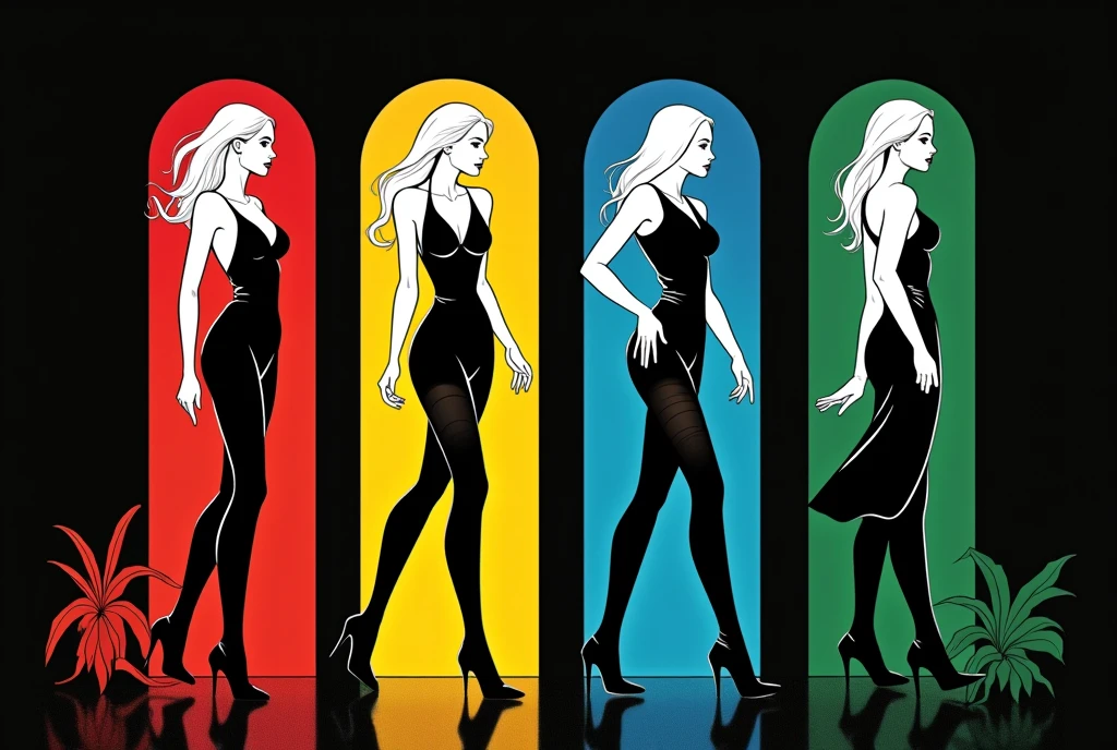 ２Ｄ illustration artwork ,  like a cosmetics advertisement , 4woman\4 highly illustrated \Like a paper cutout:1.3,  4 women are composed only of white and black, Female A has a red background ,  Female B's background is yellow ,  Female C's background is blue ,  Female D's background is green ,  women each pose in a stylish pose,  black background\whole