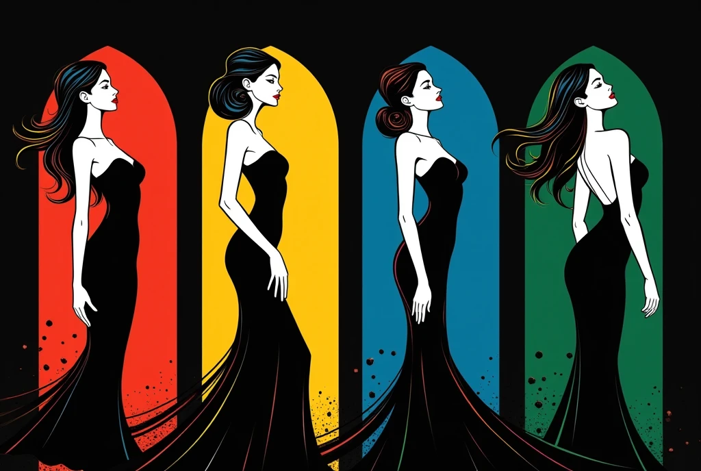 ２Ｄ illustration artwork ,  like a cosmetics advertisement , 4woman\4 highly illustrated ,  4 women are composed only of white and black, Female A has a red background ,  Female B's background is yellow ,  Female C's background is blue ,  Female D's background is green ,  women each pose in a stylish pose,  black background\whole