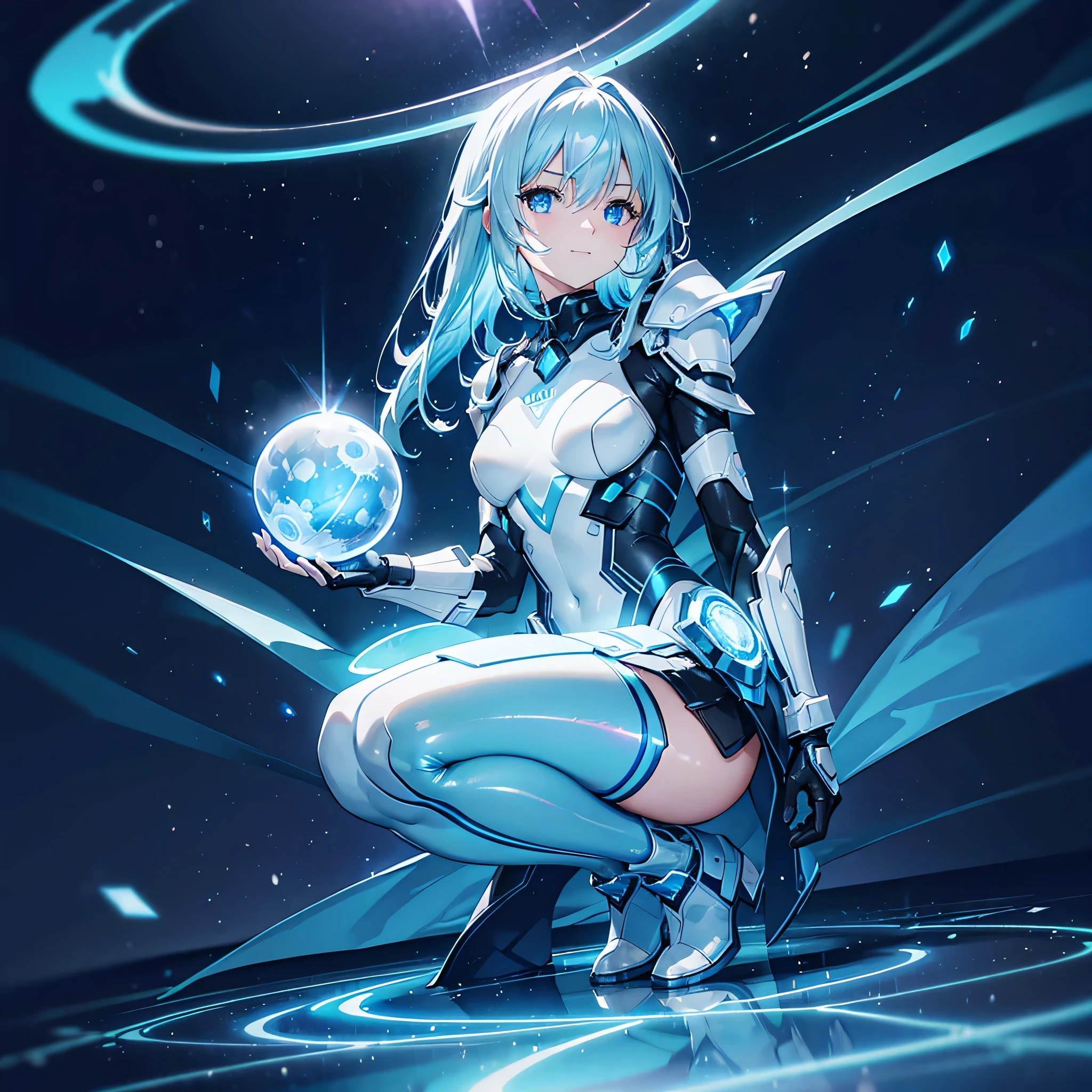 8k, Highest quality, (real:1.4), Original photo, 1 girl, Asari Hair, Biological Amplifier, Very sleek and futuristic armor, posture: Peace talks between warring factions,,attention arousal, smart blue eyes,A modest smile,Knee-high boots,Patent-look blue tights,Blue big moon and blue light swirl in the background,Blue light from behind,blue light magic,A small, glowing blue ball in the palm of your hand,Blue flame swirl,Blue Comet,Polished floor,