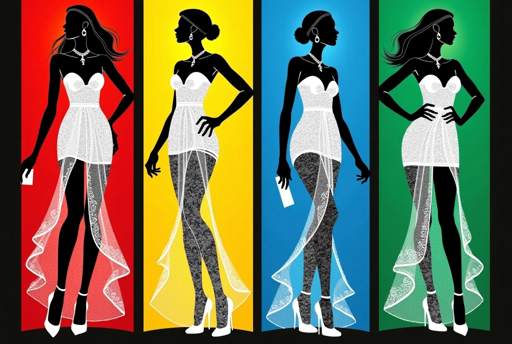 ２Ｄ illustration artwork ,  like a cosmetics advertisement , 4woman\4 highly illustrated \Like a paper cutout:1.3,  4 women are composed only of white and black, Female A has a red background ,  Female B's background is yellow ,  Female C's background is blue ,  Female D's background is green ,  women each pose in a stylish pose,  black background\whole