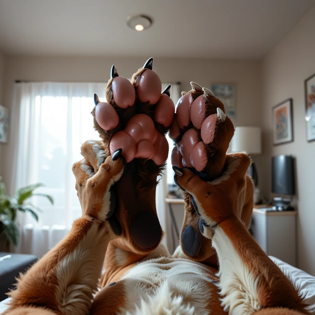 there are two hands holding a paws with claws on it, fluffy, anthro paw pov art, fox paws, furry paw pov art, pov furry art, hands that are fox - paws, paws, feet and hands, furry paw art, holding paws, furry paws furry, claws are up, furry paws, detailed claws, sharp paws real photo, raw, 4k, ultra detailed, dim colours, tail