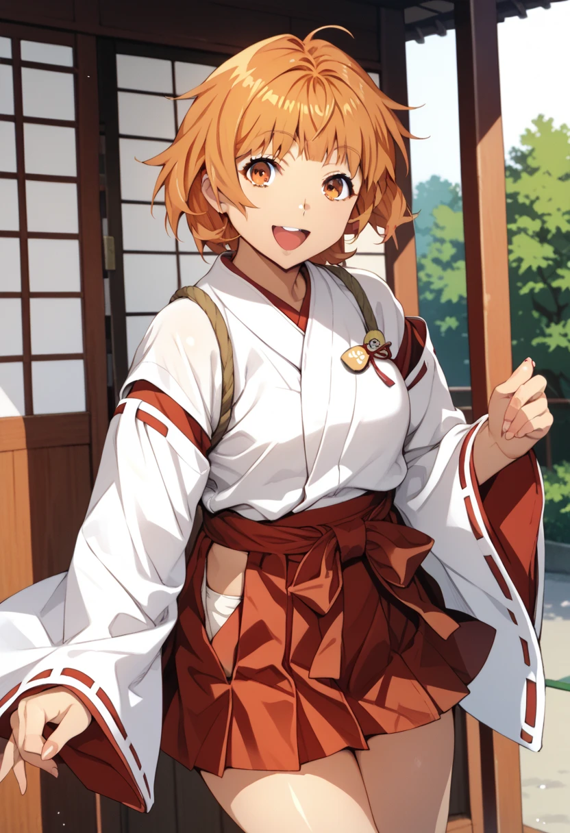 score_9,score_8_up,score_7_up,source_anime, watanabe wataru, 1girl, cowboy shot, miko, miko costume, hakama short skirt, red skirt, wide sleeves, long sleeves, orange hair, short hair, orange eyes, looking at you, smile, open mouth, Japanese temp,