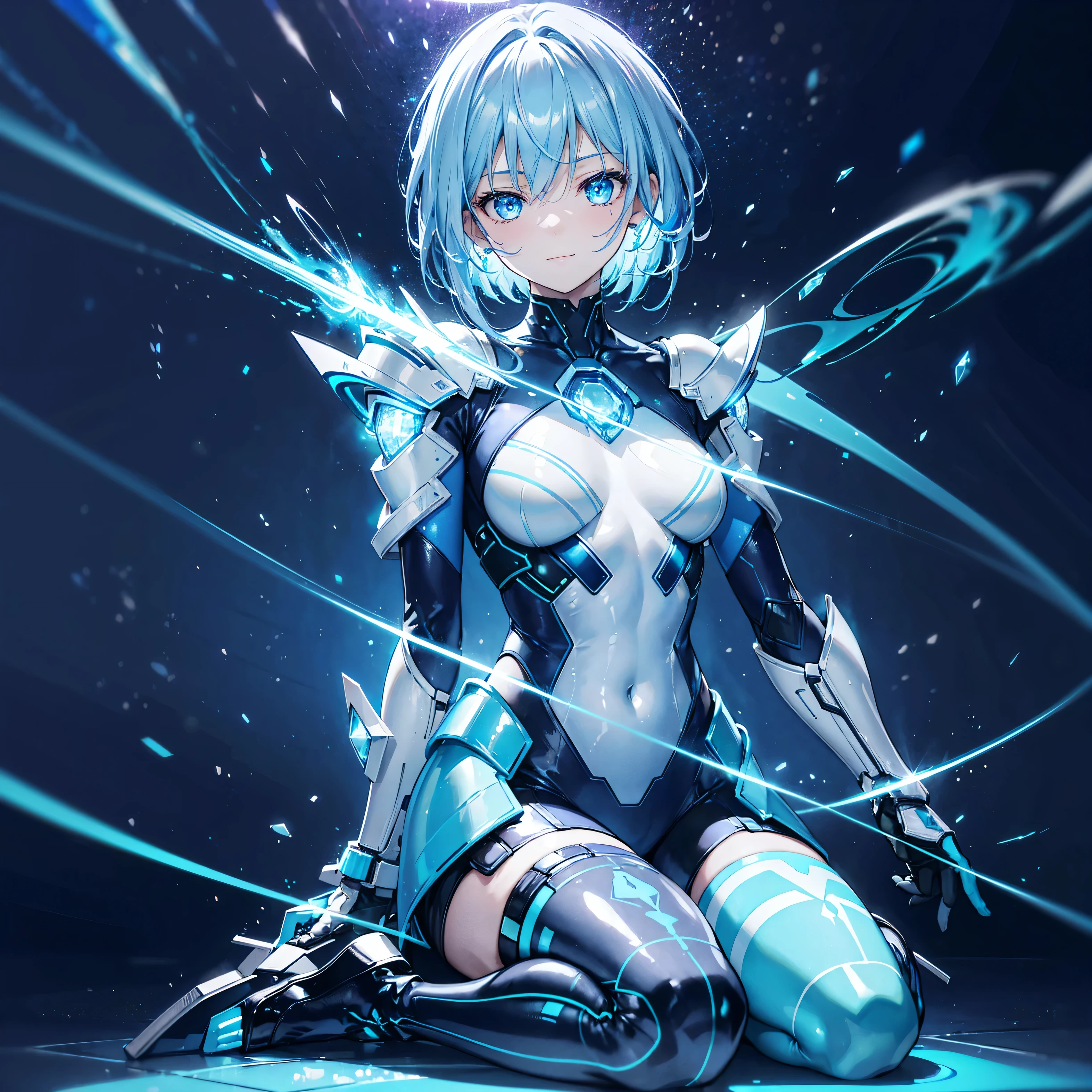 ((Holographic glow effect)),8k, Highest quality, (real:1.4), Original photo, 1 girl, Asari Hair, Biological Amplifier, refined armor, posture: Peace talks between warring factions, smart blue eyes,whole body