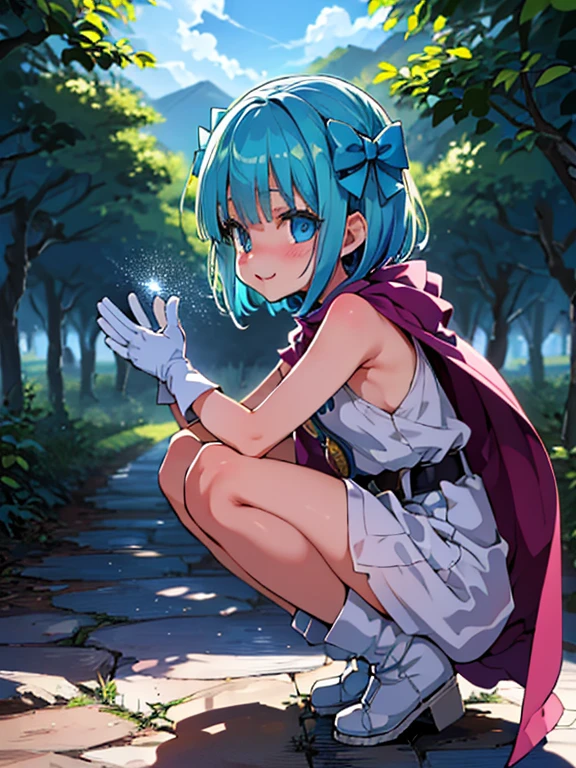 (from side:1.2), side boob,　 (leaning forward:1.2),　squatting, 

 one girl, {{{{ultra-high resolution}}}}, {{{hi-vision anime}}},({{hero's daughter (DQ5)}}, blue eyes, {{blue hair}}, short hair, bangs, green bow, hair side bow, 
(超 high definition ), high definition ,Sharp focus,( super detailed, very detailed ),( very detailed  CG unity 8k wallpaper),
((( vibrant colors))),{best illustration},(complete anatomy),Perfect Fingers,(( best quality)),Sharp focus, perfect face,
plastic glitter 肌, beautiful eyes, symmetrical eyes, ((Detailed body)),( detailed face )), cute,
smile,
purple cape, white gloves, white dress, white boots, belt, sleeveless)},
((Vast blue sky)),(Peaceful scenery),Vast farmland,Wooden fence,Wooden barn,The bedding is piled up, sacred light shining naturally through gaps in the clouds,