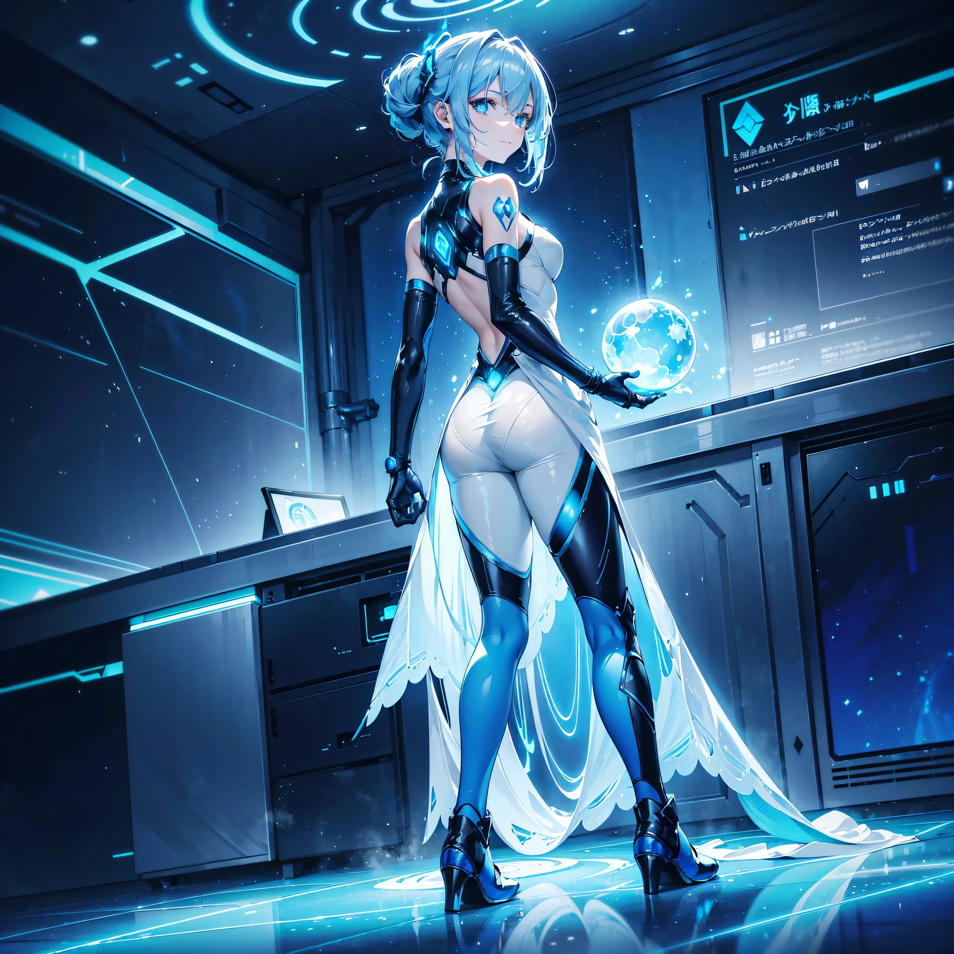 (quality)), ((masterpiece)), Recommended resultsluffly、(see through:1.5)、whole body 、Swollen nipples，straighten your back、huge bust、angle to floor:1.2、low camera angle、Hair loss on crotch、Whole body facing the camera，Hair can be seen on the crotch，Hatsune Miku, 1 girl, (alone:1.2), ((masterpiece)), [Slim], (), ((delicate eyes)), (bokeh effect), medium shot, Yuradev, (light blue hair), short hair, black hair band, (blue gloves), (blue tie), elegant