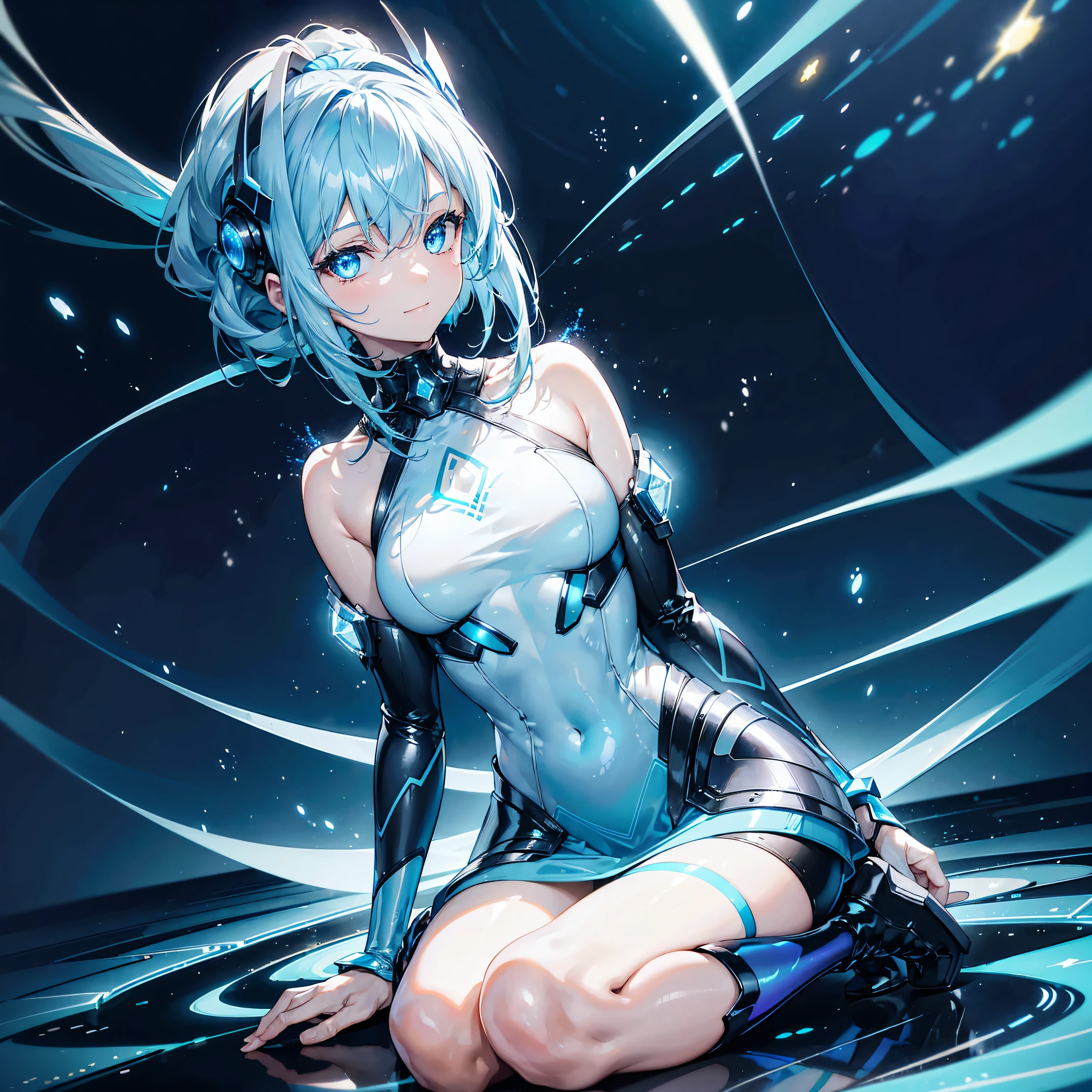 8K, Highest quality, (real:1.4), Original photo, 1 girl, Asari Hair, Biological Amplifier, Very sleek and futuristic armor, posture: Peace talks between warring factions,,attention arousal, smart blue eyes,A modest smile,Knee-high boots,Patent-look blue tights,Blue big moon and blue light swirl in the background,Blue light from behind,blue light magic,A small, glowing blue ball in the palm of your hand,Blue flame swirl,Blue Comet,Polished floor,