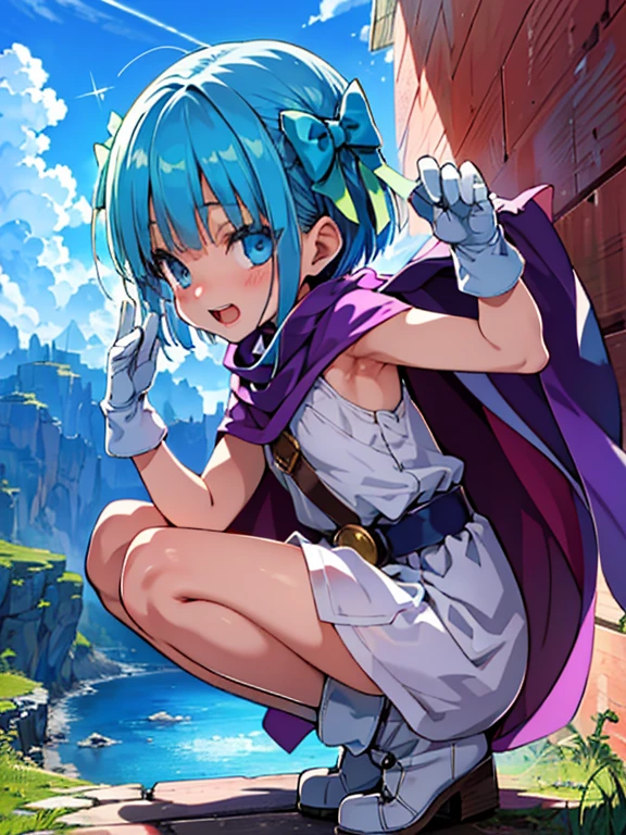 (from side:1.2), side boob,　 (leaning forward:1.2),　squatting, 

 one girl, {{{{ultra-high resolution}}}}, {{{hi-vision anime}}},({{hero's daughter (DQ5)}}, blue eyes, {{blue hair}}, short hair, bangs, green bow, hair side bow, 
(超 high definition ), high definition ,Sharp focus,( super detailed, very detailed ),( very detailed  CG unity 8k wallpaper),
((( vibrant colors))),{best illustration},(complete anatomy),Perfect Fingers,(( best quality)),Sharp focus, perfect face,　Sparkling Eyes,
plastic glitter 肌, beautiful eyes, symmetrical eyes, ((Detailed body)),( detailed face )), cute,
smile,　 open your mouth,
purple cape, white gloves, white dress, white boots, belt, sleeveless)},
((Vast blue sky)),(Peaceful scenery),  large wooden ship ,
 sacred light shining naturally through gaps in the clouds,