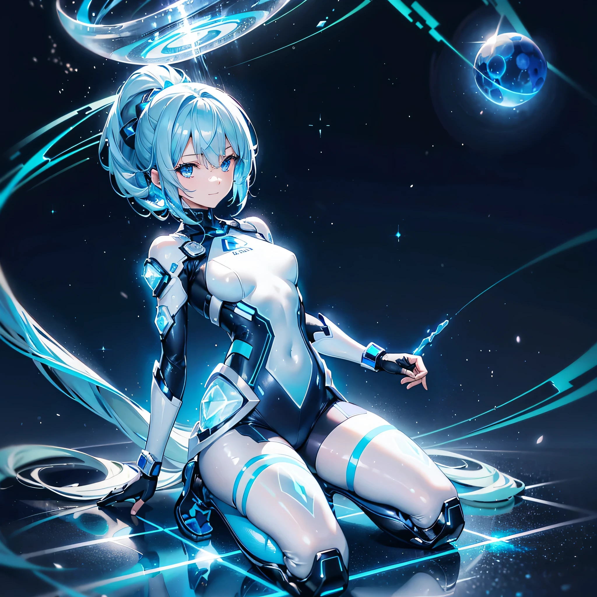 ((Holographic glow effect)),8k, Highest quality, (real:1.4), Original photo, 1 person, Asari Hair, Biological Amplifier, Very sleek and futuristic armor, posture: Peace talks between warring factions,,attention arousal, smart blue eyes,A modest smile,Knee-high boots,Patent-look blue tights,Blue big moon and blue light swirl in the background,Blue light from behind,blue light magic,A small, glowing blue ball in the palm of your hand,Blue flame swirl,Blue Comet,Polished floor,