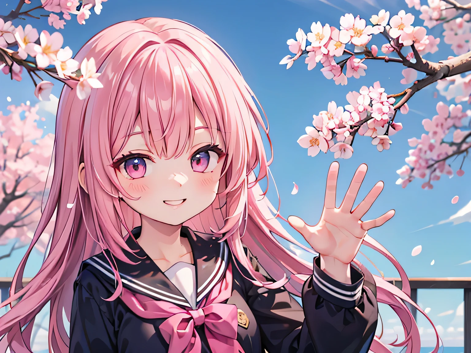 masutepiece, High quality, Dreamy, beautiful Girl, Anime style girl, Pink eyes, Long pink hair, Straight hair, Wearing a black sailor suit, Smiling, Making a V-sign by hand, Jumping, Bright kawaii