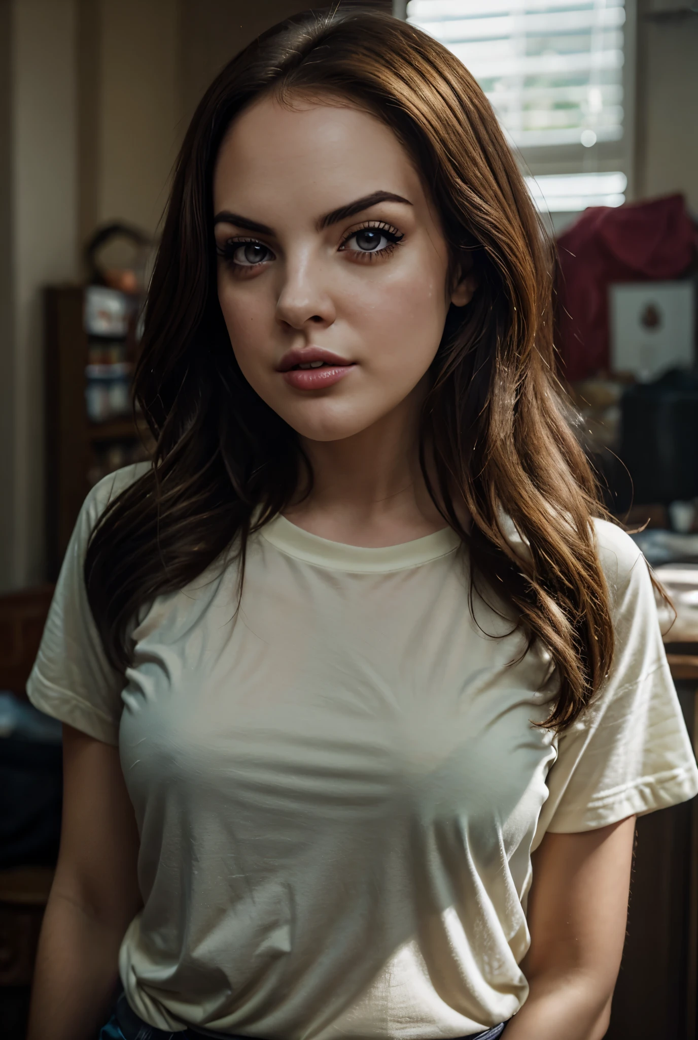 (((garota linda de morrer, olhando para baixo, 1, Elizabeth gillies,  vestindo uma camiseta branca muito curta, peito plano, cabelo preto curto, meio preso meio solto, expressão facial sedutora, olhando para baixo, bigfaketits))), very detailed, atmospheric haze, Film grain, cinematic film still, shallow depth of field, highly detailed, high budget, cinemascope, moody, epic, OverallDetail, gorgeous, 2000s vintage RAW photo, photorealistic, candid camera, color graded cinematic, eye catchlights, atmospheric lighting, skin pores, imperfections, natural, shallow dof
