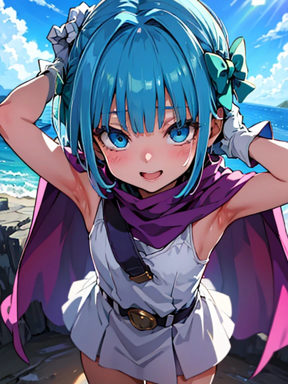 (from above:1.2),((close up head)), looking up, standing,  arms up behind,
(cowboy shot), 
 one girl, {{{{ultra-high resolution}}}}, {{{hi-vision anime}}},({{hero's daughter (DQ5)}}, blue eyes, {{blue hair}}, short hair, bangs, green bow, hair side bow, 
(超 high definition ), high definition ,Sharp focus,( super detailed, very detailed ),( very detailed  CG unity 8k wallpaper),
((( vibrant colors))),{best illustration},(complete anatomy),Perfect Fingers,(( best quality)),Sharp focus, perfect face,　Sparkling Eyes,
plastic glitter 肌, beautiful eyes, symmetrical eyes, ((Detailed body)),( detailed face )), cute,
smile,　 open your mouth,
purple cape, white gloves, white dress, white boots, belt, sleeveless)},
((Vast blue sky)),(Peaceful scenery),  large wooden ship ,
 sacred light shining naturally through gaps in the clouds,