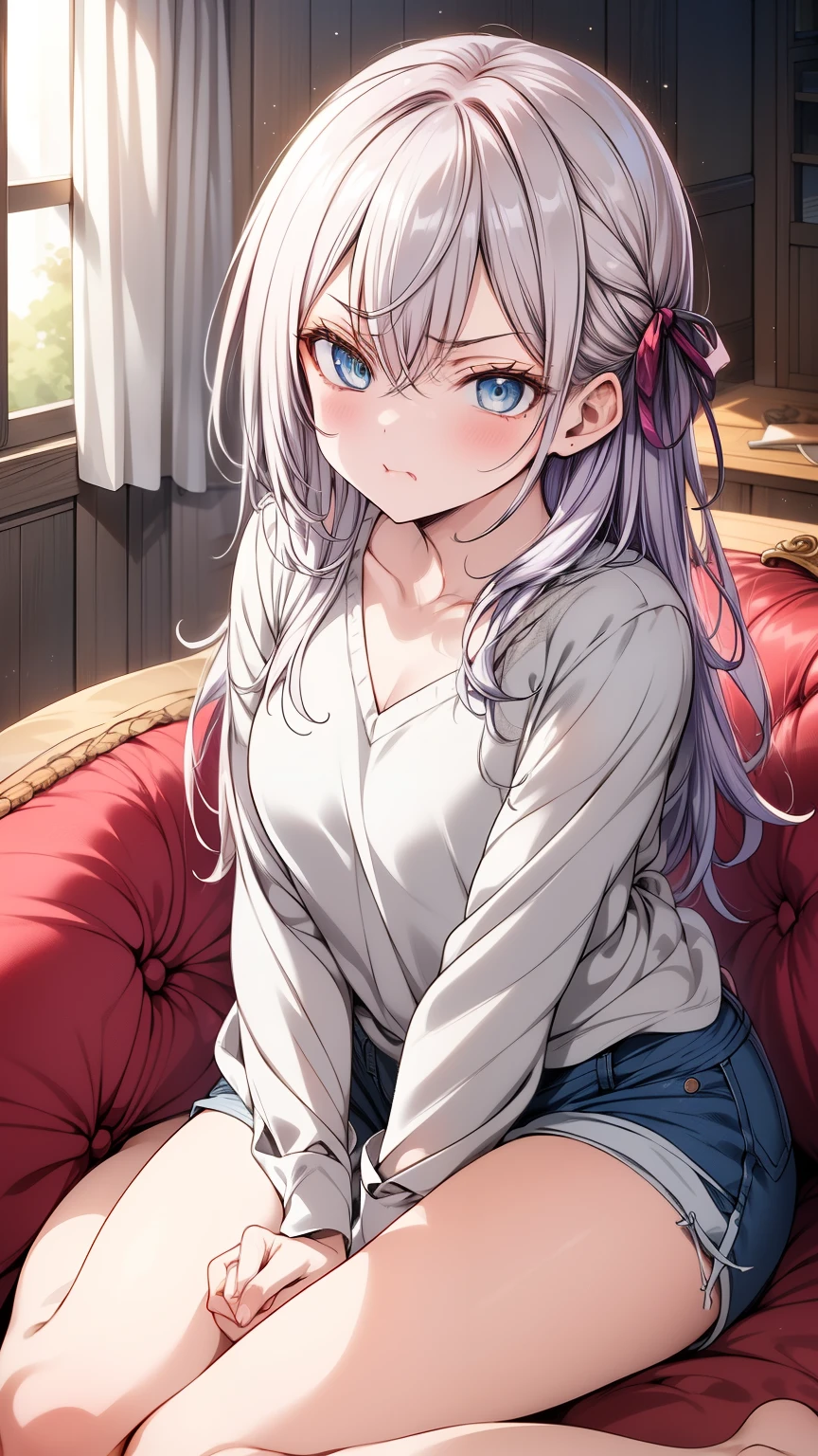 (masterpiece), (best quality), (ultra-detailed), (high resolution), (sharp focus), (anime style), (soft lighting)
Arya, (long white hair), (bright blue eyes), (slender figure), (cute and playful expression), (small pout), (slightly annoyed, playful expression)
Outfit: (loose-fitting casual shirt with a slight V-neck), (shorts, casual, denim, slightly frayed at the edges), (comfortable and relaxed home attire)
Scene: (indoors, cozy home setting), (soft lighting from a lamp), (simple home decor), (sitting on a couch, one knee bent), (hands resting on her lap)
Pose: (sitting relaxed, looking at the camera with a small, playful pout), (arms crossed or hands on her hips), (slightly tilted head with an expression that suggests frustration from not getting a "like"), (looking cute but slightly upset, as if waiting for attention)
Comandos negativos: (deformed hands:1.5), (deformed fingers:1.5), (extra fingers:1.5), (bad anatomy:1.5), (weird proportions:1.5)