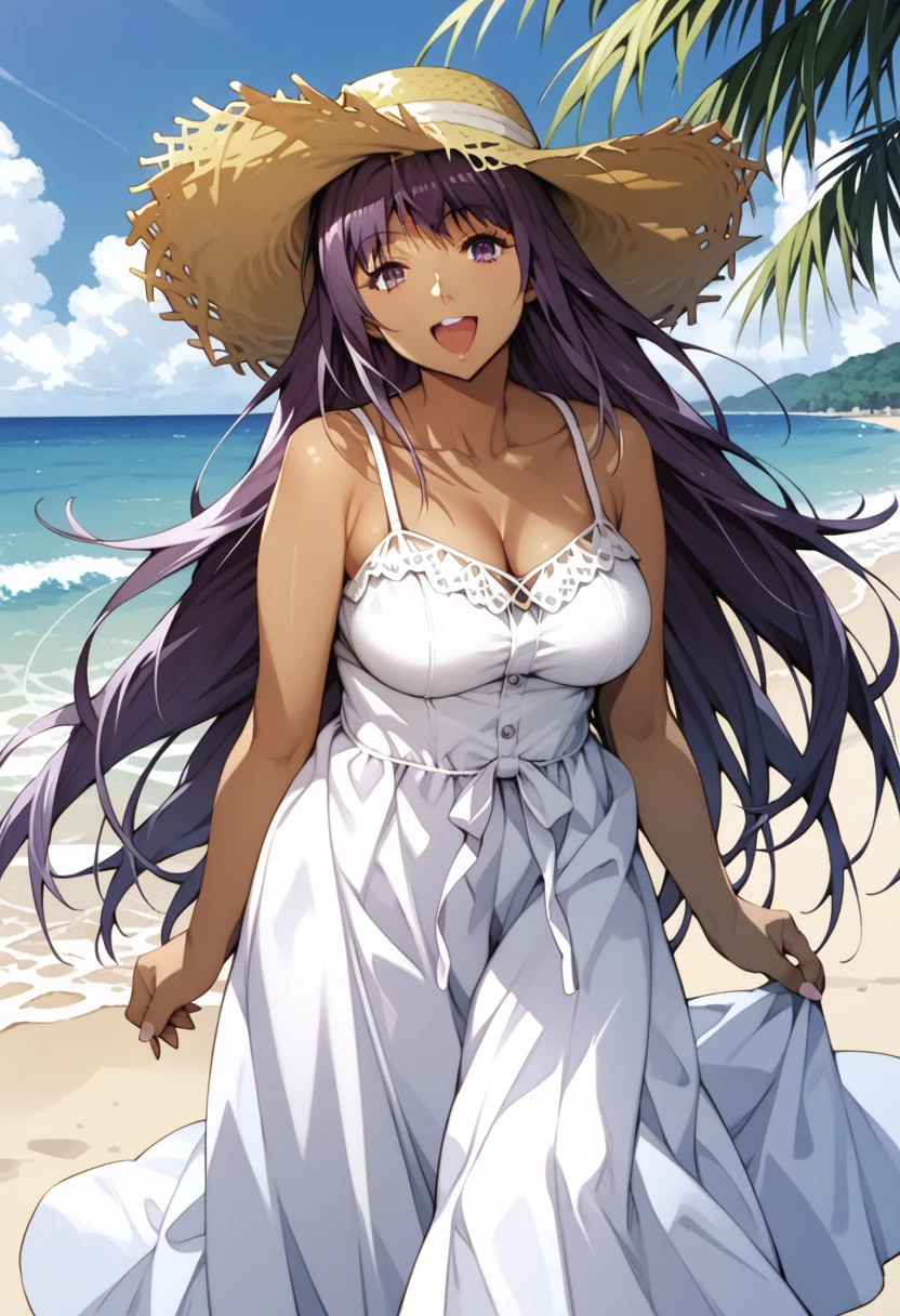 score_9,score_8_up,score_7_up,source_anime, watanabe wataru, 1girl, white sundress, long skirt, straw hat, (large breasts:1.1), purple hair, very long hair, dark skin, purple eyes, looking at you, smile, open mouth, seaside