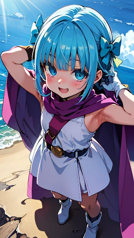 (from above:1.2),((close up head)), looking up, standing,  arms up behind,
(full body), 
 one girl, {{{{ultra-high resolution}}}}, {{{hi-vision anime}}},({{hero's daughter (DQ5)}}, blue eyes, {{blue hair}}, short hair, bangs, green bow, hair side bow, 
(超 high definition ), high definition ,Sharp focus,( super detailed, very detailed ),( very detailed  CG unity 8k wallpaper),
((( vibrant colors))),{best illustration},(complete anatomy),Perfect Fingers,(( best quality)),Sharp focus, perfect face,　Sparkling Eyes,
plastic glitter 肌, beautiful eyes, symmetrical eyes, ((Detailed body)),( detailed face )), cute,
smile,　 open your mouth,
purple cape, white gloves, white dress, white boots, belt, sleeveless)},
((Vast blue sky)),(Peaceful scenery),  large wooden ship ,
 sacred light shining naturally through gaps in the clouds, Wooden floor, 