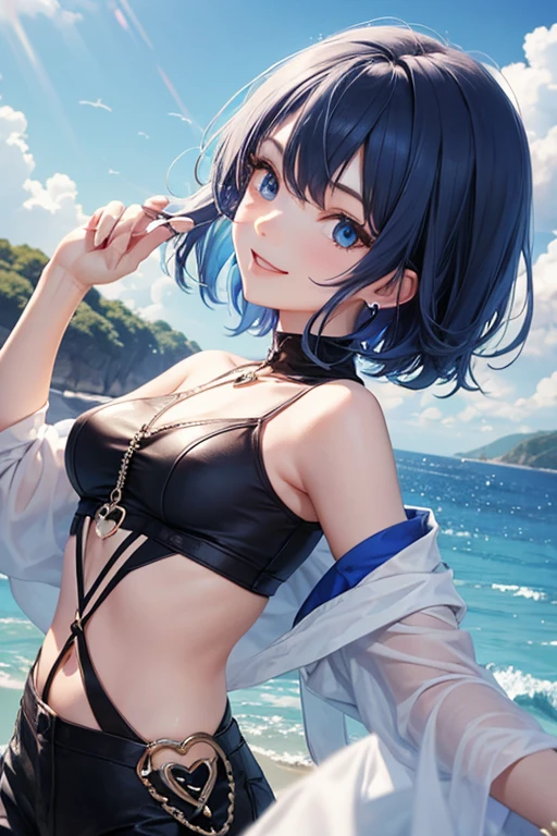 Masterpiece, top quality, best quality, official art, beautiful and aesthetic, anime, 1girl,extremely detailed, colorful, more detailed ((ultra-detailed)), (highly detailed CG illustration),Best Quality, High resolution, Unity 8k Wallpaper, (Illustration:0.8), (Beautiful detailed eyes:1.6), extra detailed face, Perfect Lighting, extremely details CG, (Perfect hands, Perfect Anatomy), seaside,sea,beach,clouds, black short hair,hat,smile, blue eyes,earrings,skinny fit,small breasts, bikini,jeanse,strings,from behind,center of frame,soft light