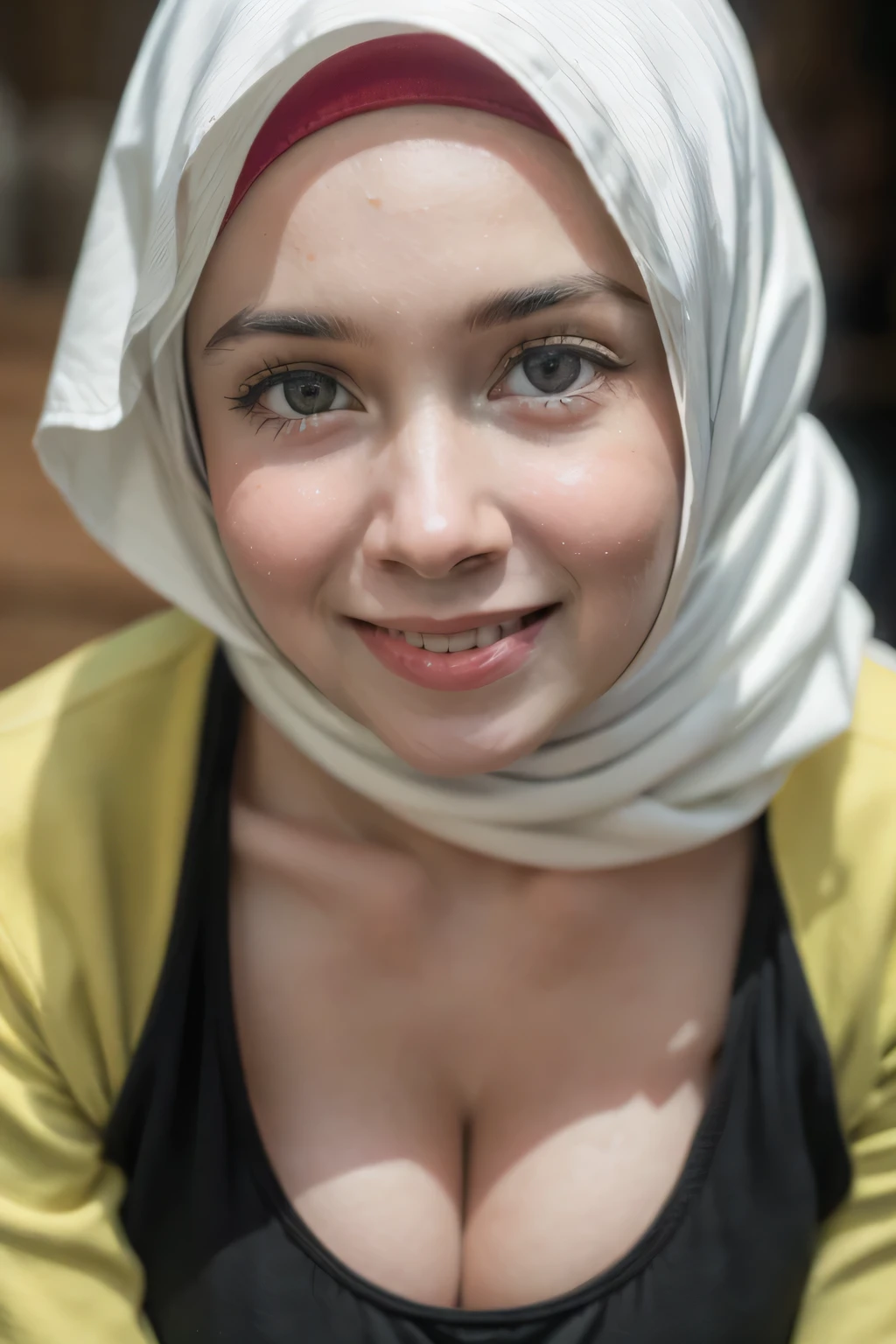 Very cute like a , ((Stylish Hijab)), adorable, 1 girl, , baby facelf body portrait,smile,  (face details: 1), (eye details: 1), ((round large breasts, cleavage)). Cute posed. proportional body. Ultra High Res. realistic: 1.4, UHD