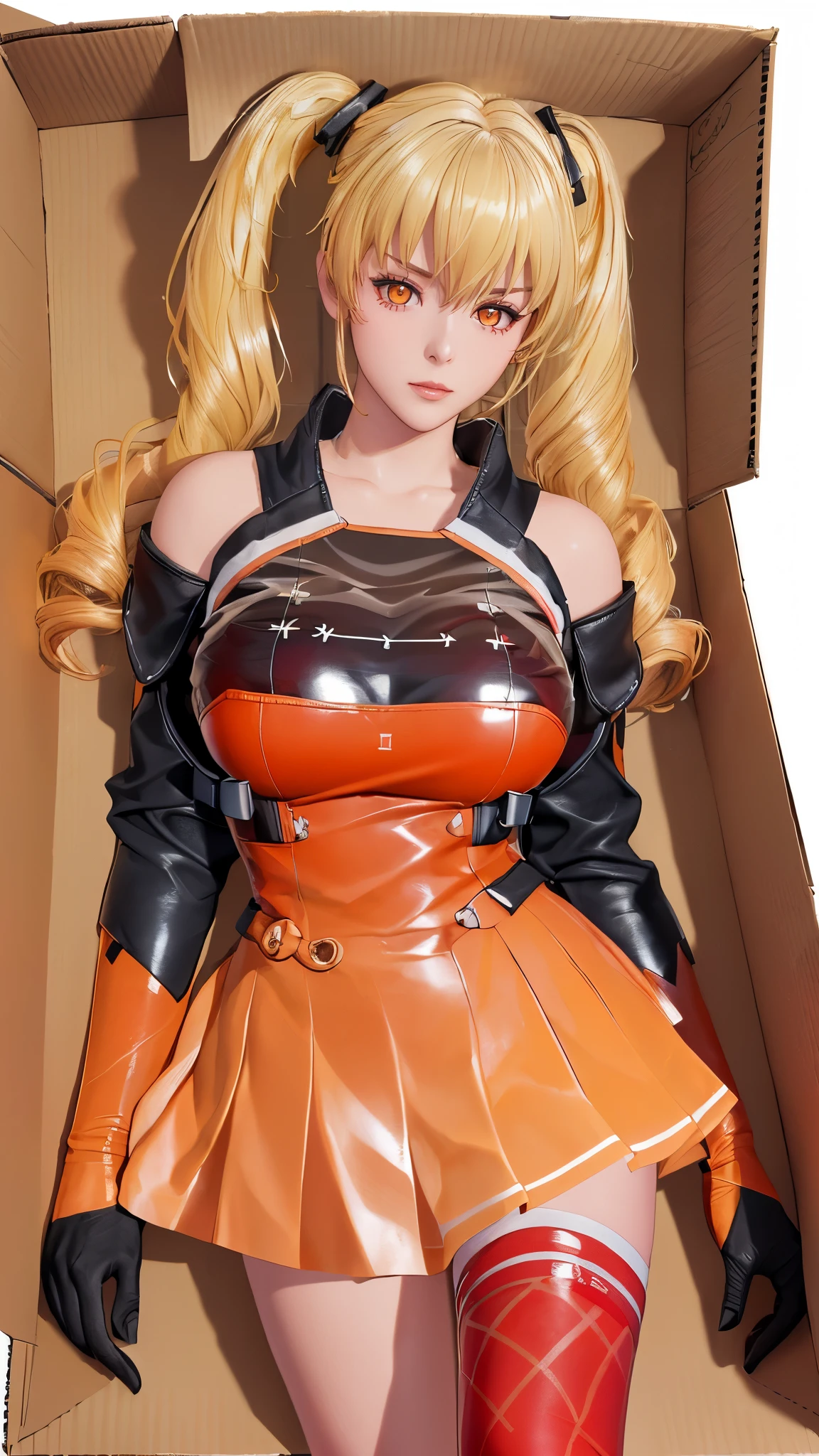 (（（figure，御姐figure,White and tender skin,（（（FenNib , long_sleeves_skirt, red_single_thighhigh, thigh_holster, elbow_gloves, strap, ）））,(（（twintails, Blonde_hair, orange_eyes,））),，((masterpiece)), highres icon,((Best quality at best)),masterpiece,quality,Best quality,(（（  is open to the audience,Light in the eyes，）））， huge ,A girl，Lying in a cardboard box）））