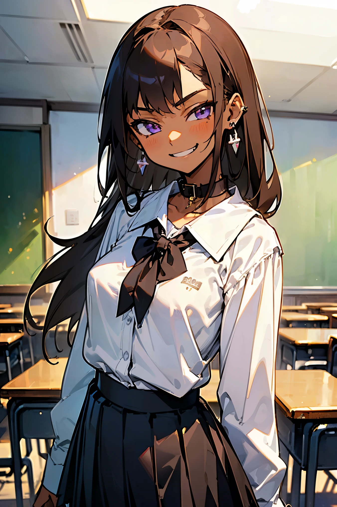 ((masterpiece、  best quality、  very detailed))、  one girl  、Improve、(( Brown Skin :1.0))、Brown Hair、(( long hair))、Light purple eyes、 Evil Smiles 、((  smirking ))、((Earrings) simple)、Soft breasts、((  white collar shirt :1.4))、((clavicle))、(( white bra))、  Necklaces  、((  Black Pleated Skirt ))、(( micro mini skirt))、  cowboy shots、  Classroom Background 