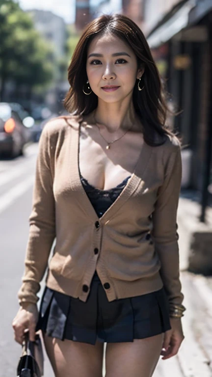 full body shot, from below,  japanese mature,  detailed face , smile,  white skin, (curvy body, Large Breasts,  plump thighs:1.5), (earrings,  Necklaces ,  school uniform, Cardigan, micro miniskirt:1.2), (Short socks,  wearing loafers :1.2), ( takes a picture of the whole body from toe to head, Standing on the sidewalk, model posing:1.2), ( surrealism, best quality, ultra detailed, absolutely resolution, 8k, anatomically correct), depth of field, looking at viewer, tachi-e, (bimajo ), full body