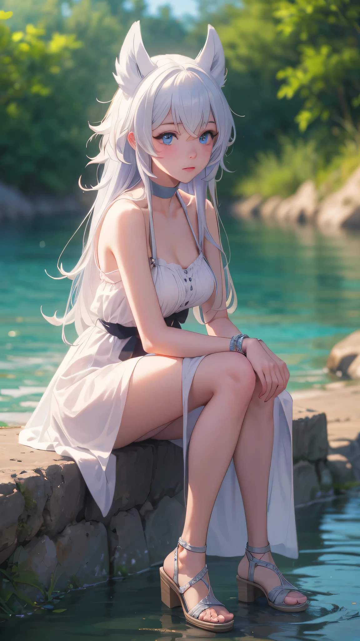 photorealistic, (4k), depth of field, (Masterpiece), (realistic skin texture), extremely detailed, intricate, hyper detailed, professional photography, bokeh, high resolution, sharp detail, best quality, girl, white hair, long hair, animal ears, blue eyes, white dress, bracelets, bare shoulders, blue ribbon, chocker, gladiator sandals,dynamic pose, (sitting with hands around her ankles),  river, stream, flowing water, blue sky,