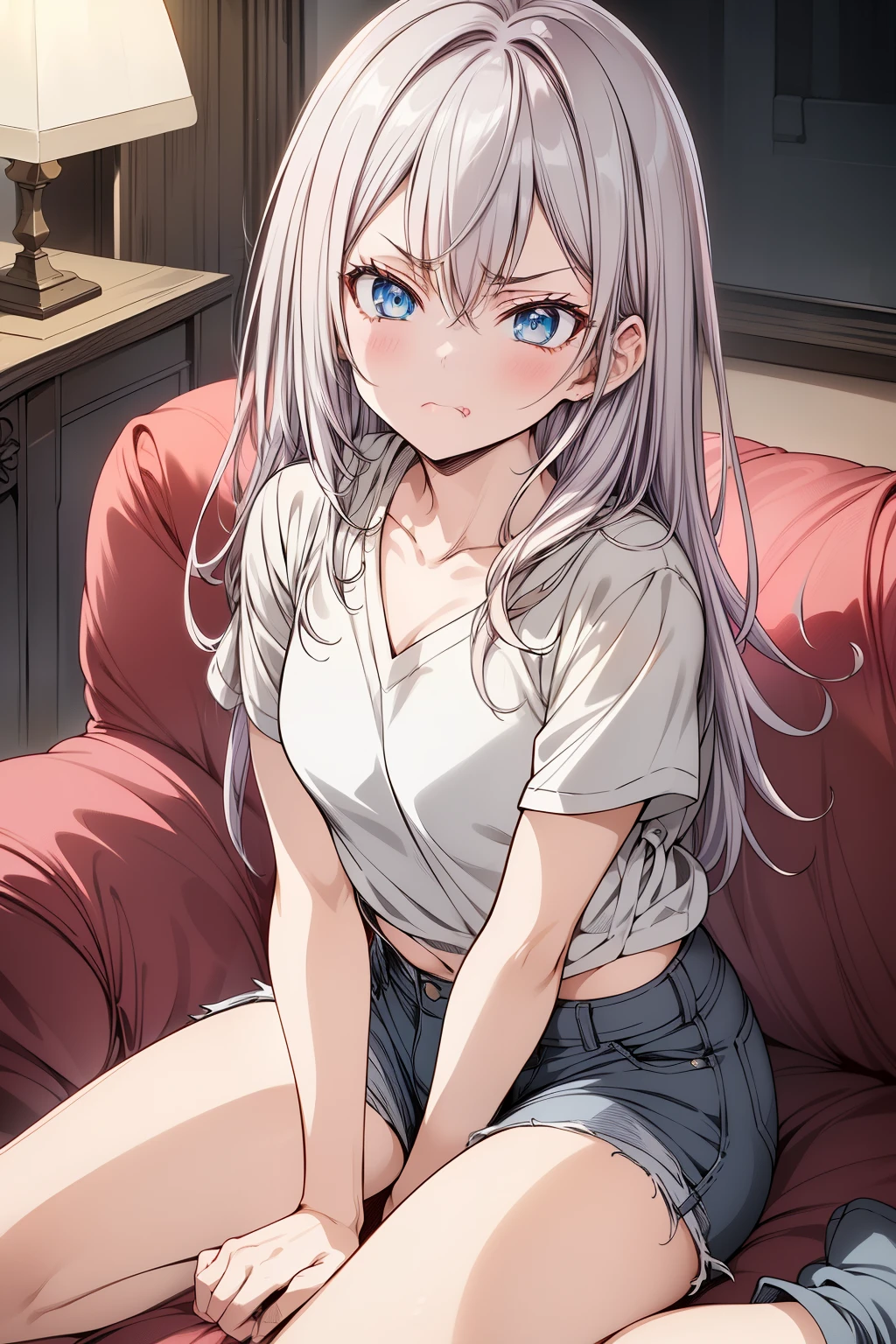 (masterpiece), (best quality), (ultra-detailed), (high resolution), (sharp focus), (anime style), (soft lighting)

Arya, (long white hair), (bright blue eyes), (slender figure), (cute and playful expression), (small pout), (slightly annoyed, playful expression)

Outfit: (loose-fitting casual shirt with a slight V-neck), (shorts, casual, denim, slightly frayed at the edges), (comfortable and relaxed home attire)

Scene: (indoors, cozy home setting), (soft lighting from a lamp), (simple home decor), (sitting on a couch, one knee bent), (hands resting on her lap)

Pose: (sitting relaxed, looking at the camera with a small, playful pout), (arms crossed or hands on her hips), (slightly tilted head with an expression that suggests frustration from not getting a "like"), (looking cute but slightly upset, as if waiting for attention)

Comandos negativos: (deformed hands:1.5), (deformed fingers:1.5), (extra fingers:1.5), (bad anatomy:1.5), (weird proportions:1.5)