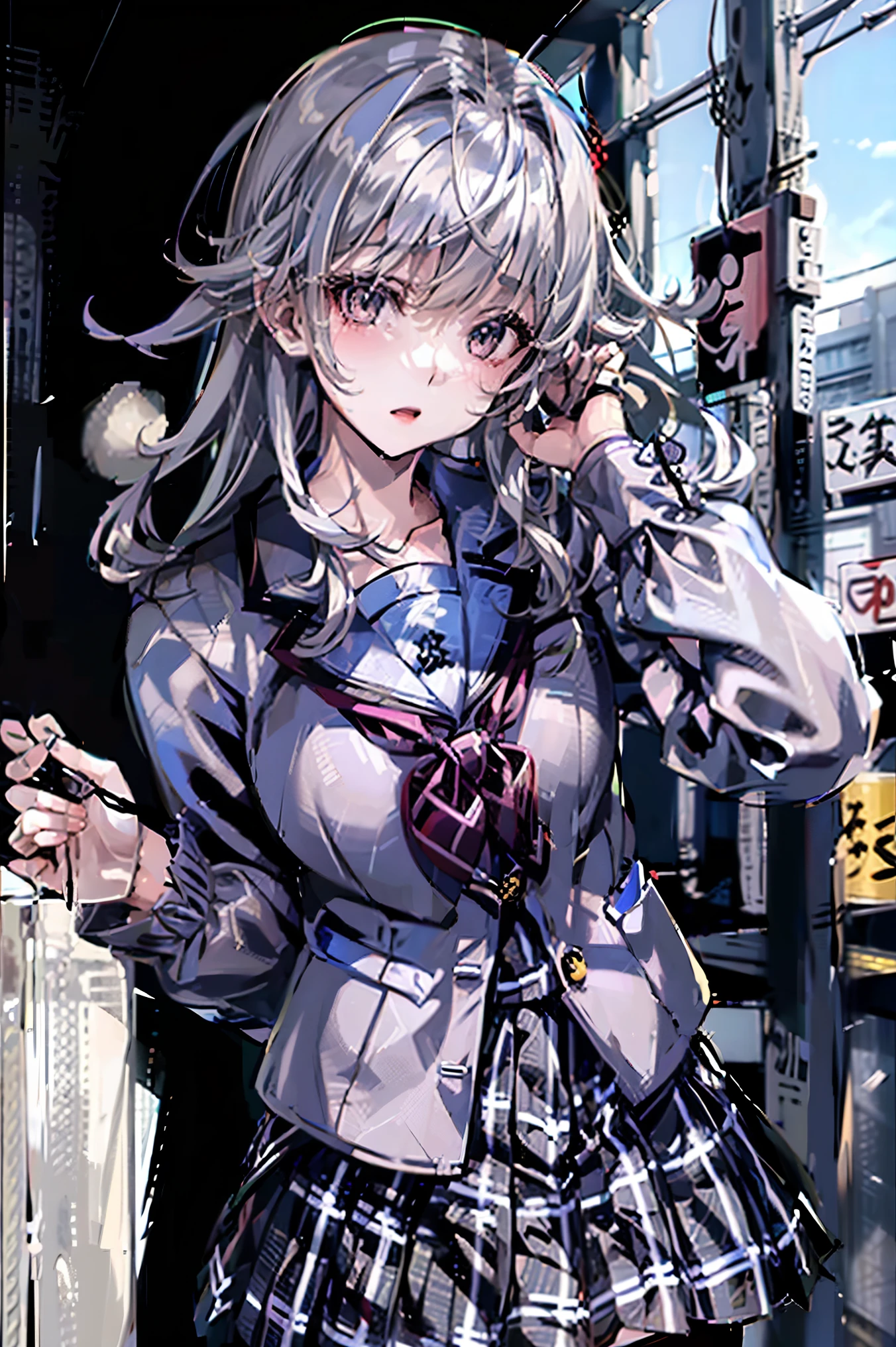 Japanese、Model、Big Breasts、Gray Hair、 long hair、 school uniform、 shows shoulders、 cleavage visible