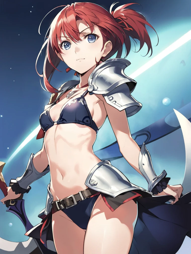 An animated girl wearing a sword and armor is standing in front of a planet, Girl in Armor,  bikini armor female knight,  bikini armor,  bikini armor, With a sword on his shoulder,  Kantai Collection Style ,  female action anime girl , Female protagonist 👀 :8,  cushart krenz key art feminine, She has a sword,  ayaka genjin impact , Alluring anime girl