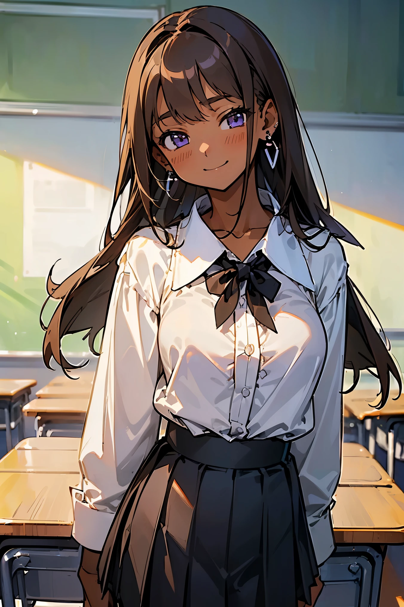 ((masterpiece、  best quality、  very detailed))、  one girl  、Improve、(( Brown Skin :1.0))、Brown Hair、(( long hair))、Light purple eyes、A smile of good、(( Ahaha))、((Earrings) simple)、Soft breasts、((  white collar shirt :1.4))、((clavicle))、(( white bra))、  Necklaces  、((  Black Pleated Skirt ))、(( micro mini skirt))、  cowboy shots、  Classroom Background 