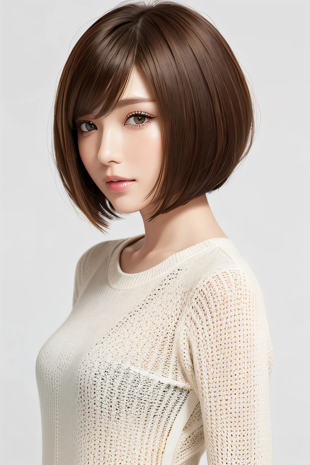 ( best quality、 table top 、8k、16k、 High Quality、Award-winning works)、(( profile:1.4))、、((Cut-and-sew bob hair:1.46)),( brown hair on the abdomen)、(white casual knit:1.2)、(The simplest pure white background:1.3)、(Perfectly fixed in front:1.1),( Portrait with Space:1.2)、Beautiful and exquisite、 Completely-valid、 Ultra-high definition beauty 、 ultra HD hair、Ultra HD Shining Eyes、 super high quality glossy lips、 accurate anatomy、 very beautiful skin 、(Pure white skin shining in ultra-high resolution:1.1)、(Very bright:1.2), big natural color lips、 lip gloss,Harajuku、cute、Cute Beauty