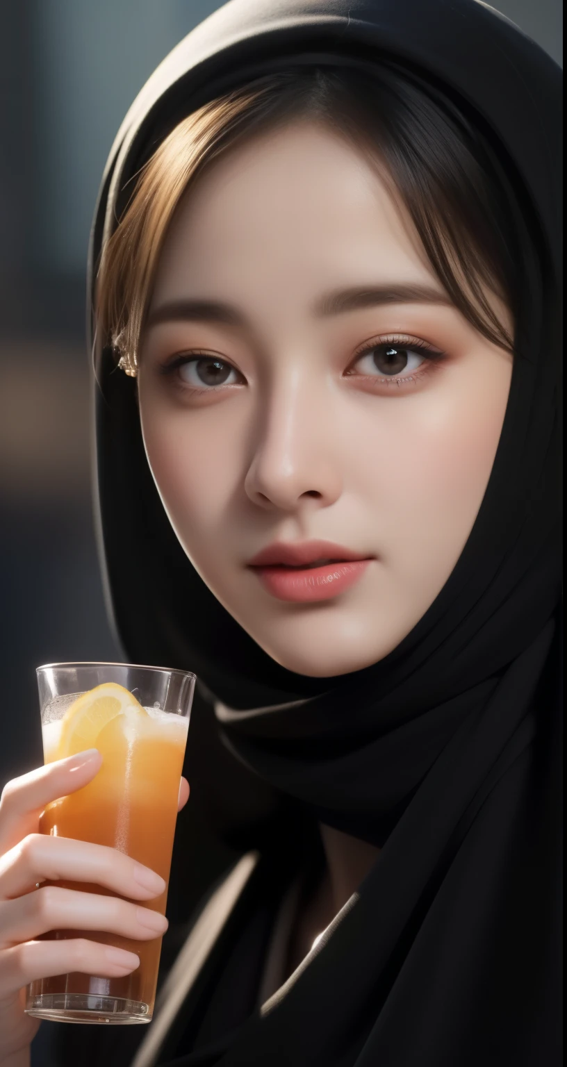 25 Years old, (elegant pose), a beautiful hijab-wearing woman buying a drink at a cafe, wearing trendy clothes, (black hijab), black hair, red lips, half-body shot, have a sexy body and big , wearing bra, (best quality,4k,8k,highres,masterpiece:1.2),ultra-detailed,(realistic,photorealistic,photo-realistic:1.37),detaoled face, detailedeyes, detailed, lips, detailed hand,detailed description of face and features,hyper detailed portrait, cinematic lighting, warm color tones, high-end fashion, urban cafe setting, (intricate hijab folds), glowing skin, elegant pose