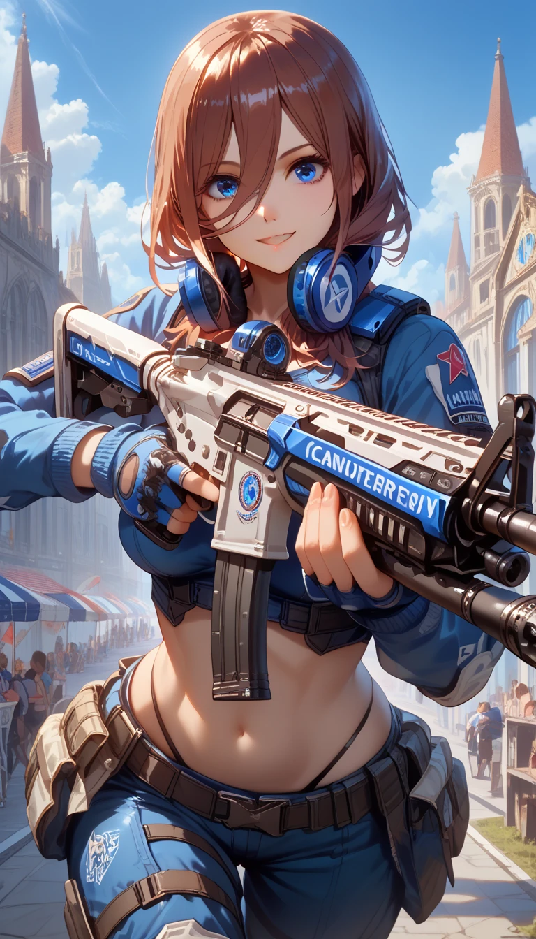 ultra-detailed, 1girl, miku nakano, ((masterpiece)), (best quality), (highres), 16K, perfect face,  long hair, bangs, blue eyes, brown hair, hair between eyes, headphones, headphones around neck, wearing tactical gear, black thong, knee pads, busty body, large breasts and a beautiful ass, showcasing cleavage, legs, hips, holding assault rifle, looking at viewer, smile, detailed full body, streets background