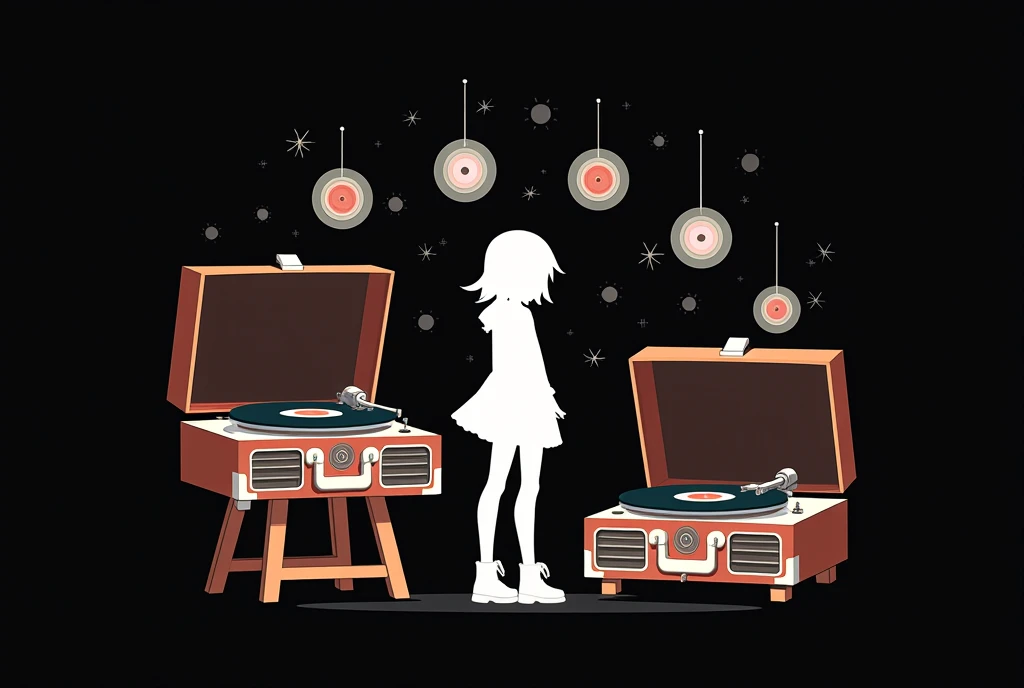 ２D Artwork ,  design art, 70's style,  old record player\ place at the top left , Record Jacket\multiple\Place in the top right , character "BEATMANIA"\Place at the bottom of the screen\big\白抜きcharacter\ STYLISH,  black background:1.3